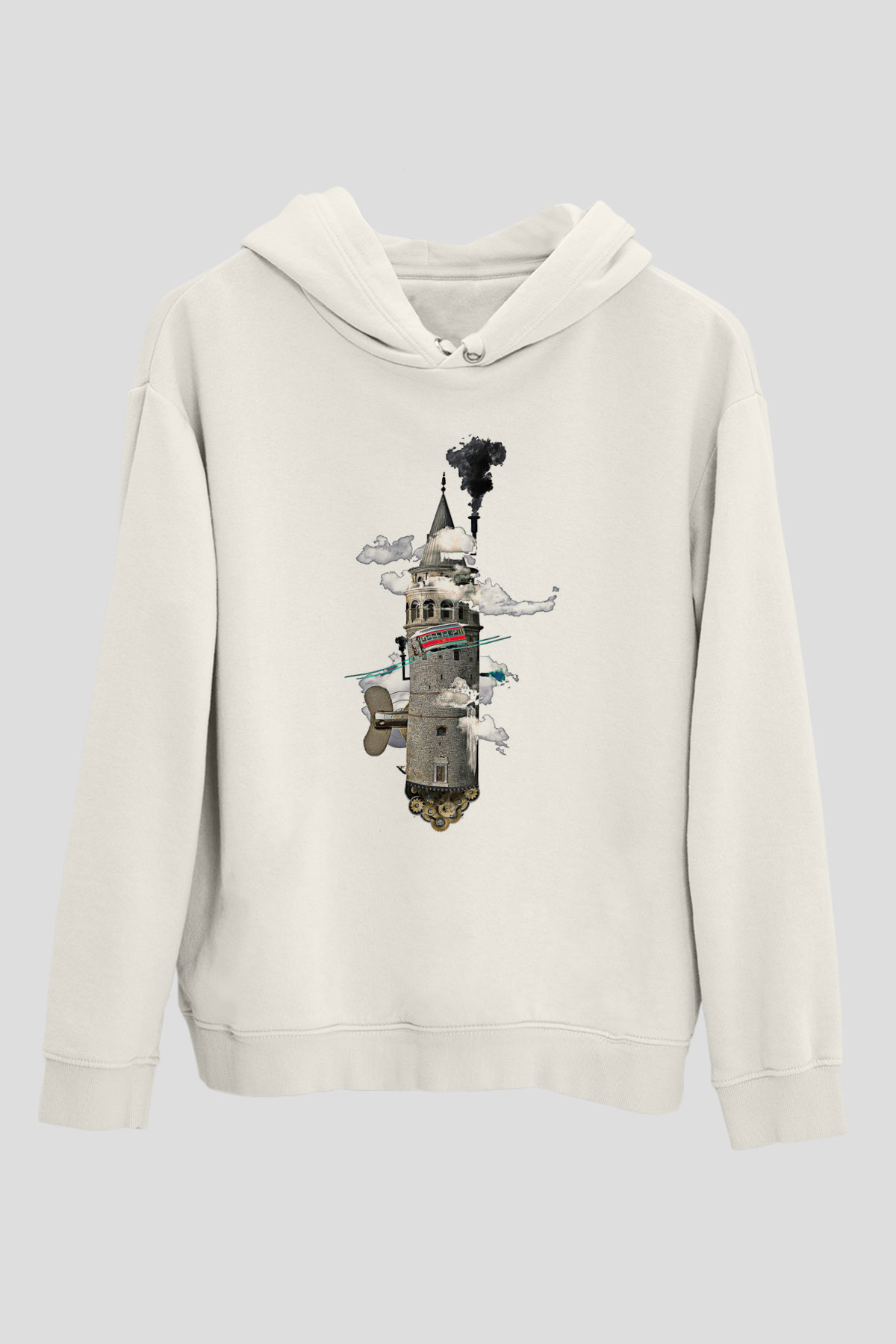 Galata Kulesi Baskılı Beyaz Unisex Hoodie