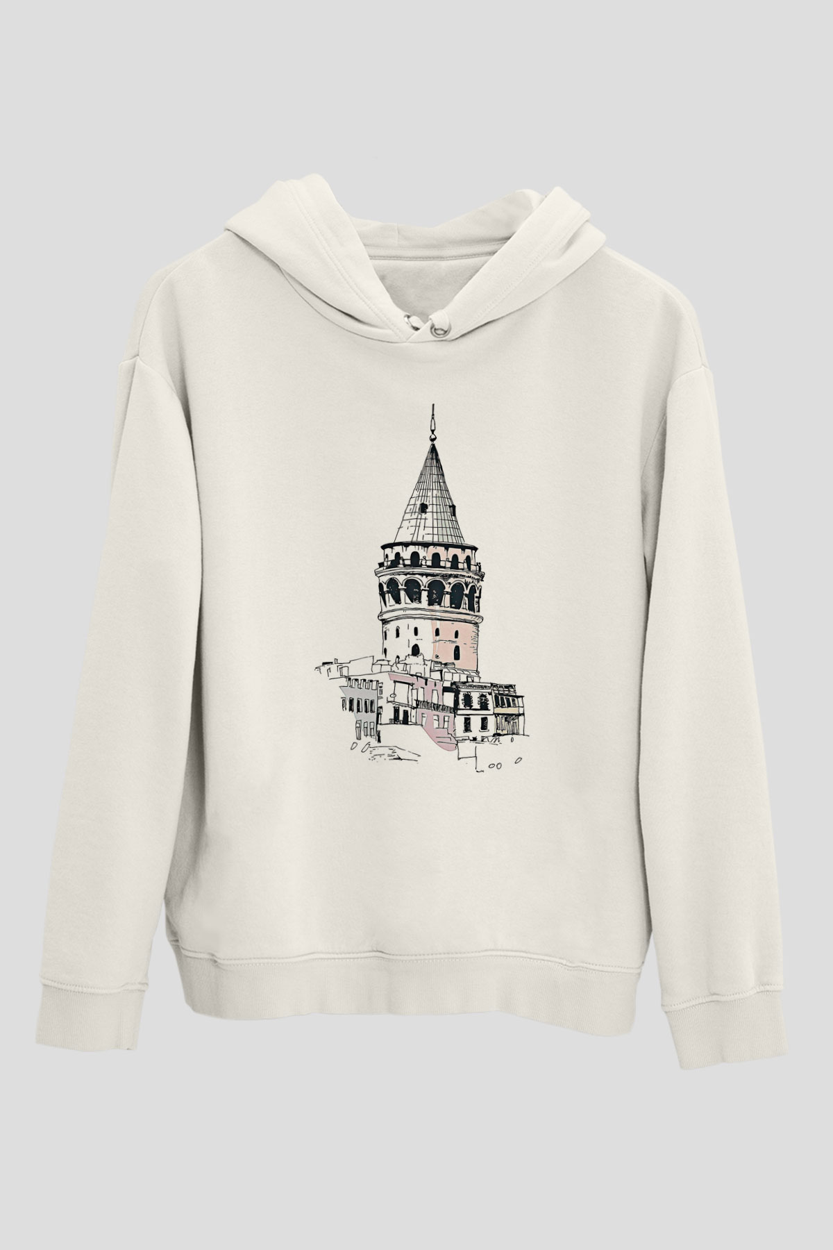 Galata Kulesi Baskılı Beyaz Unisex Hoodie