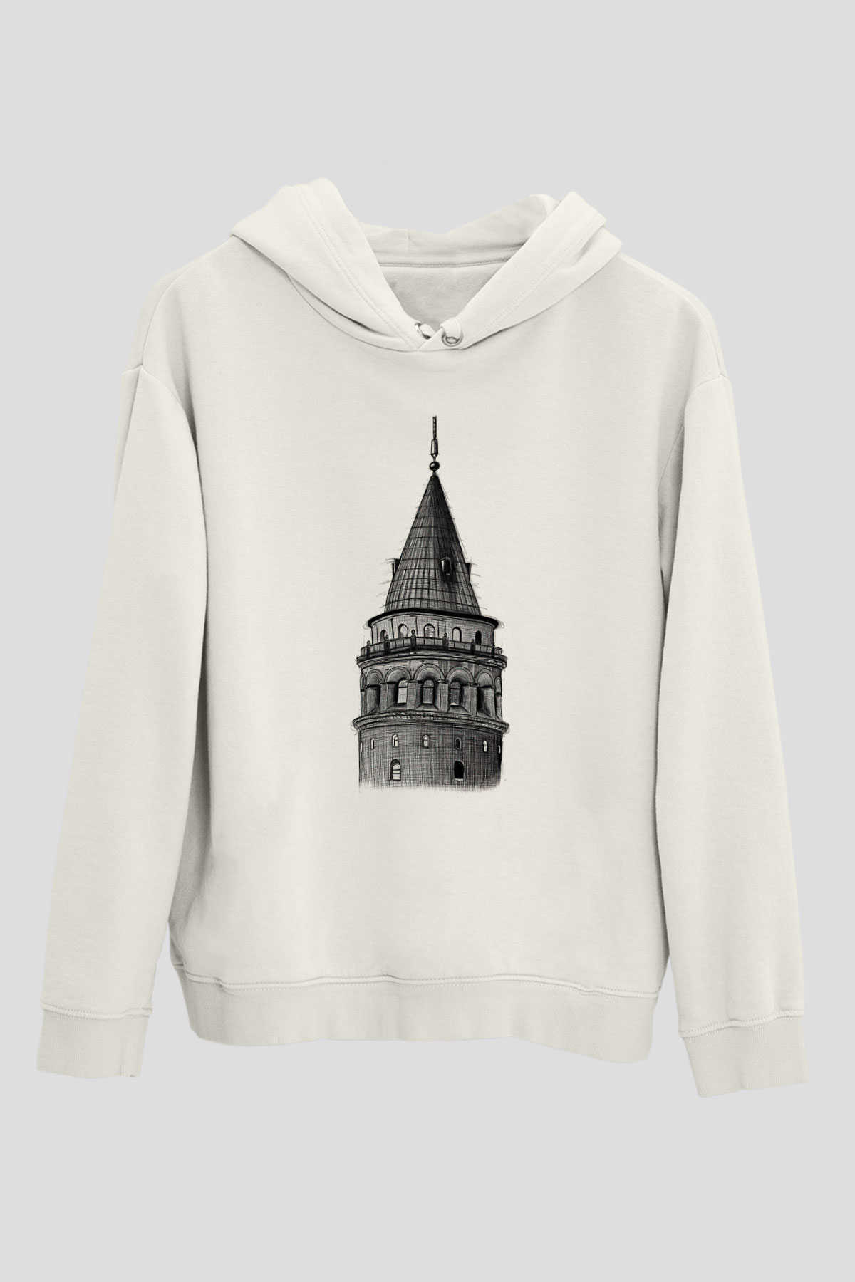 Galata Kulesi Baskılı Beyaz Unisex Hoodie