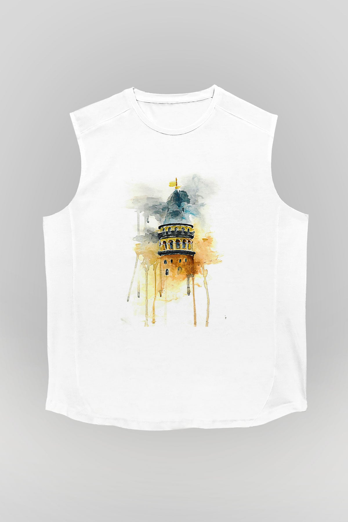 Galata Kulesi Baskılı Beyaz Unisex Kolsuz Tişört - Tshirt