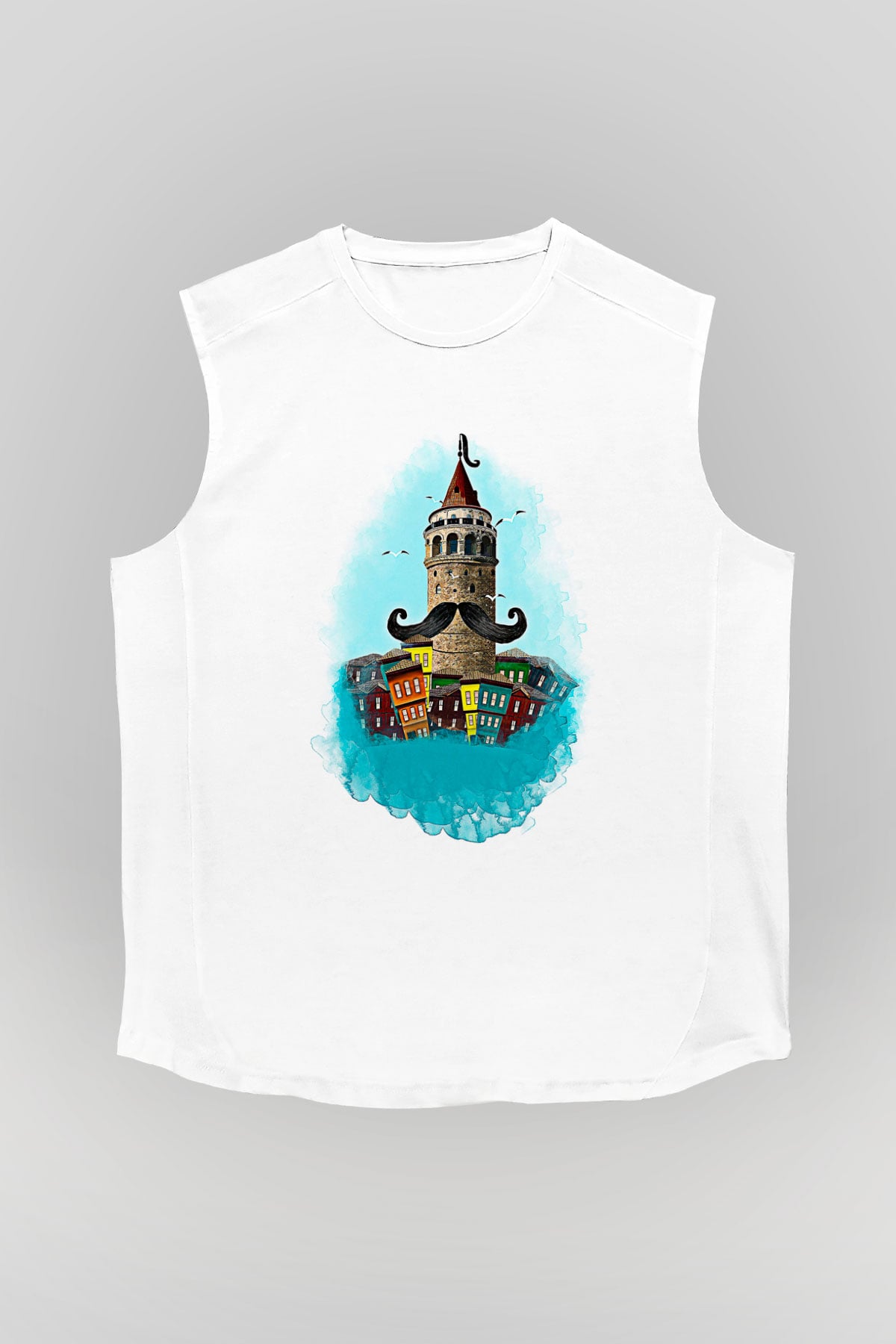 Galata Kulesi Baskılı Beyaz Unisex Kolsuz Tişört - Tshirt