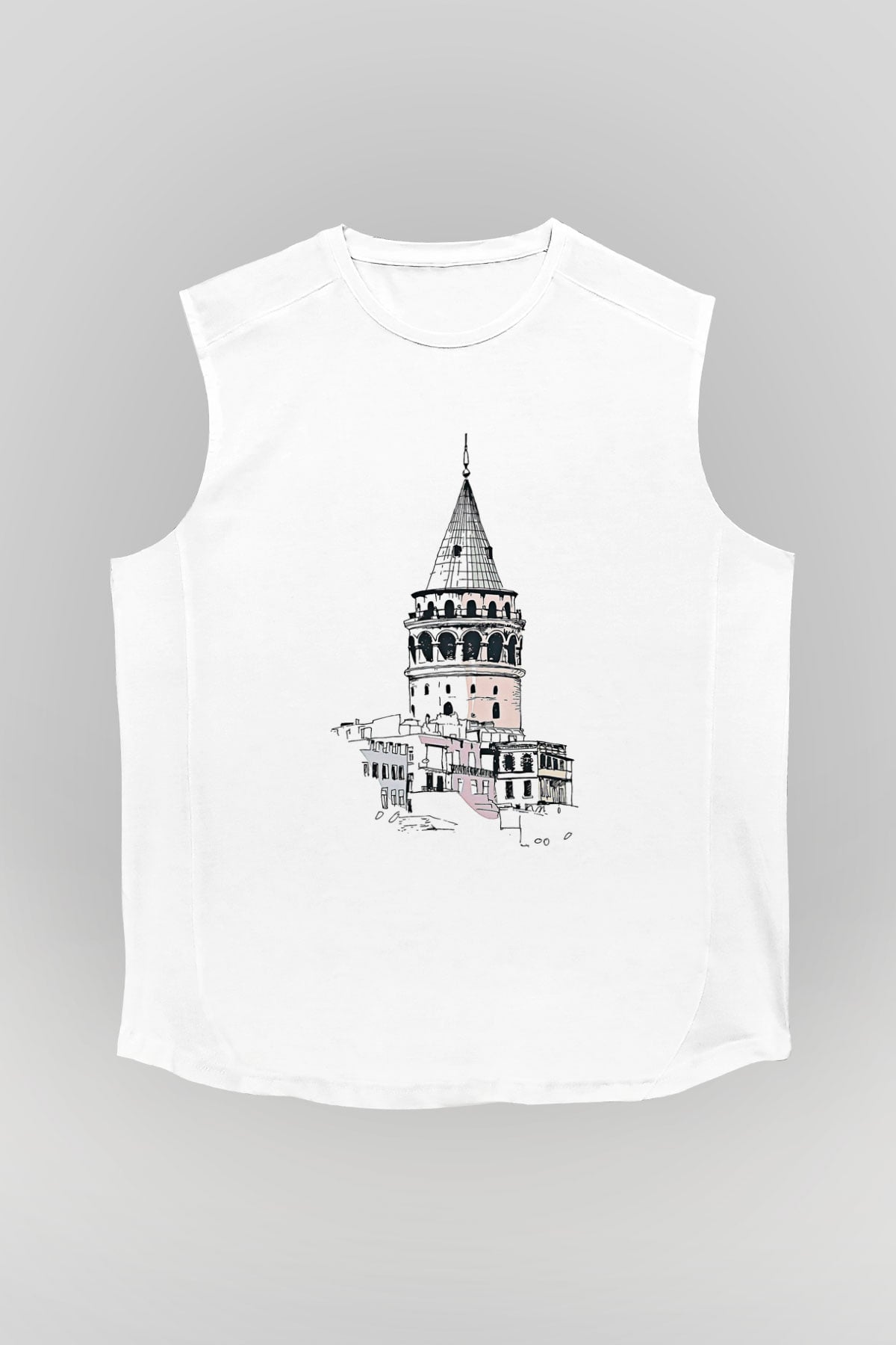 Galata Kulesi Baskılı Beyaz Unisex Kolsuz Tişört - Tshirt