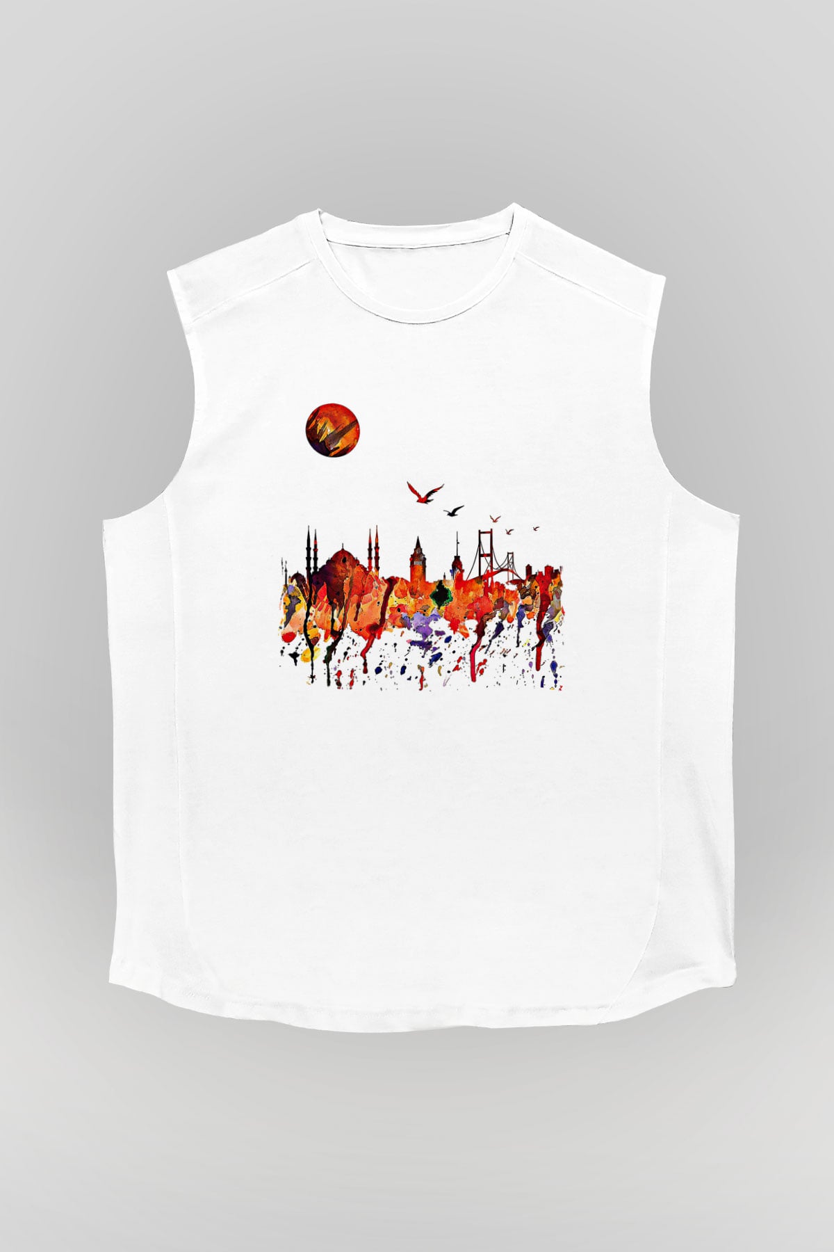 Galata Kulesi Baskılı Beyaz Unisex Kolsuz Tişört - Tshirt