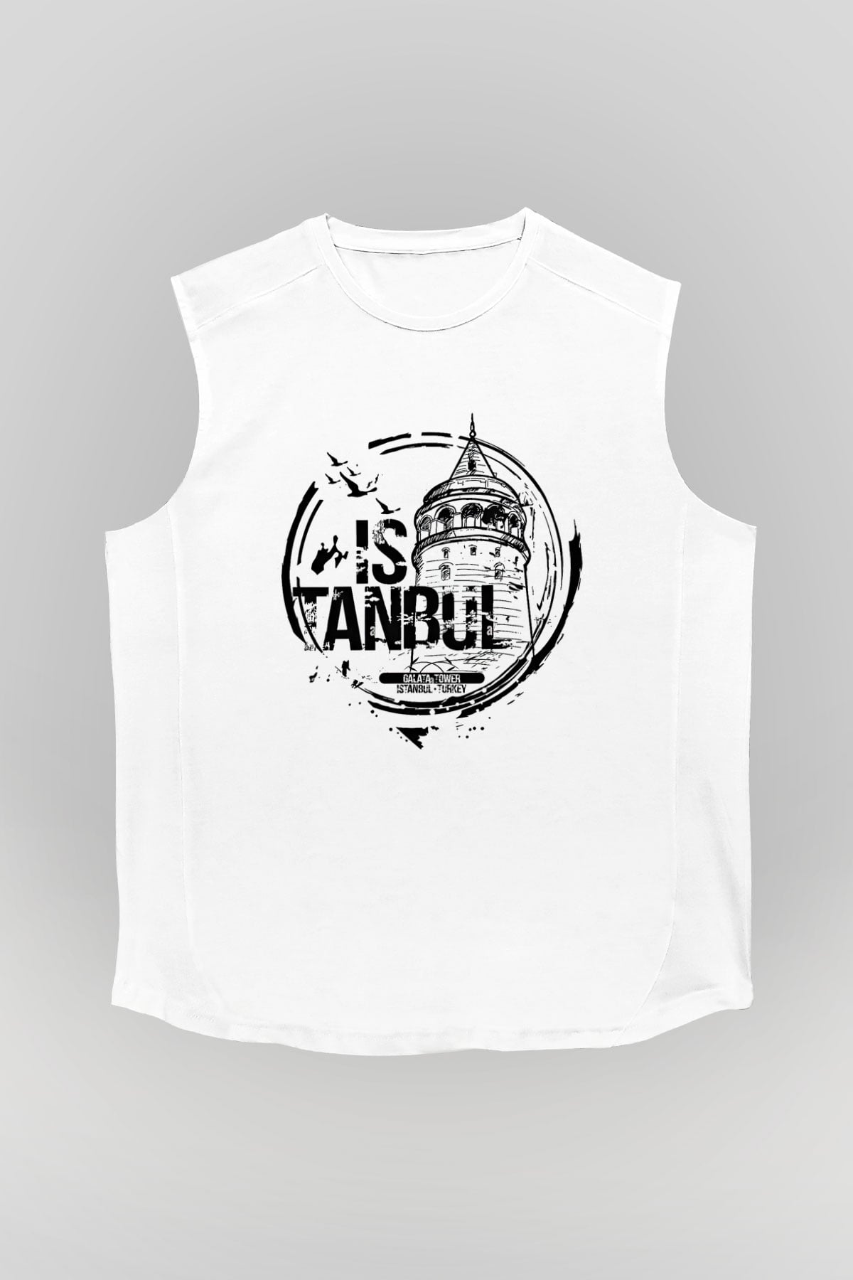 Galata Kulesi Baskılı Beyaz Unisex Kolsuz Tişört - Tshirt
