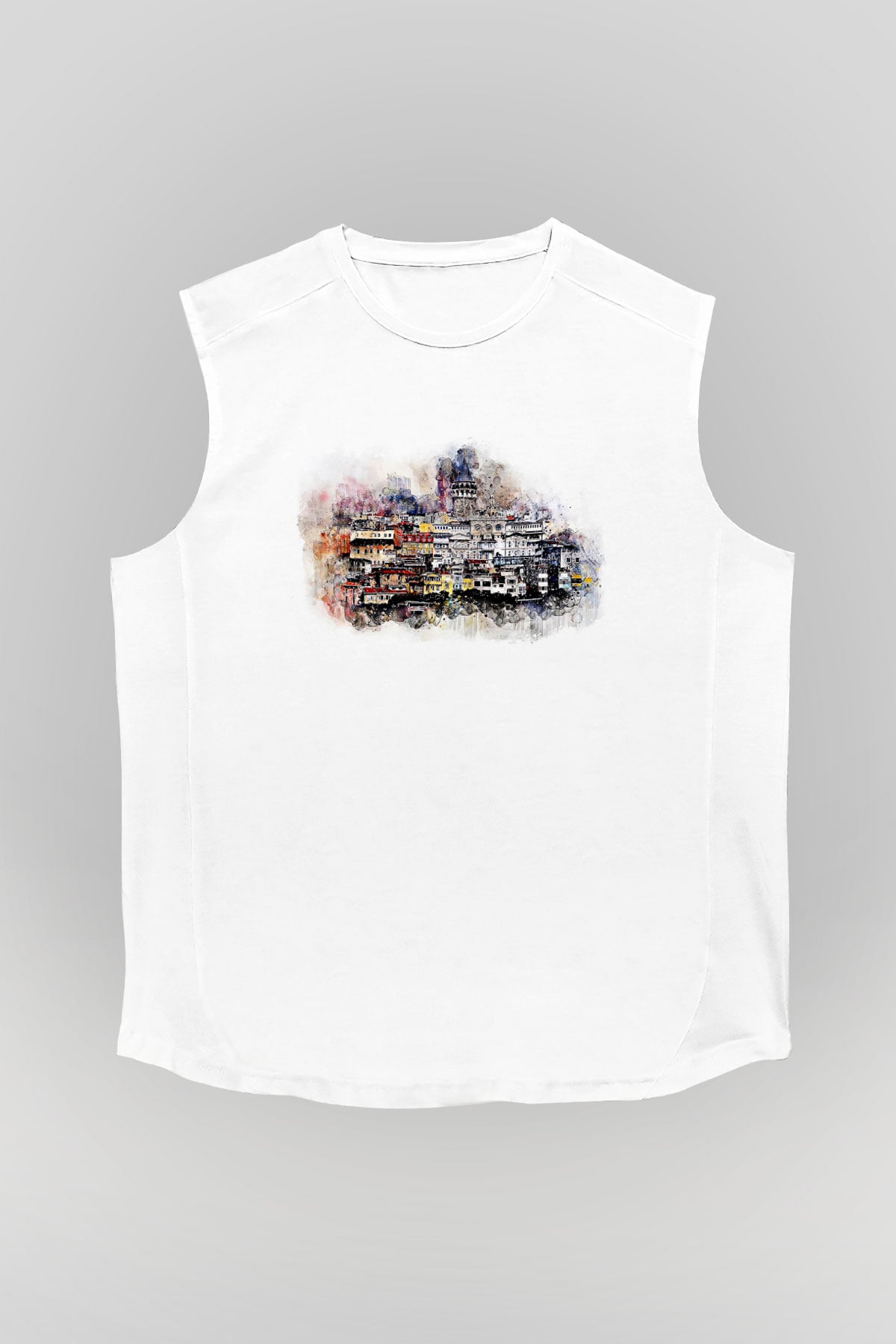 Galata Kulesi Baskılı Beyaz Unisex Kolsuz Tişört - Tshirt