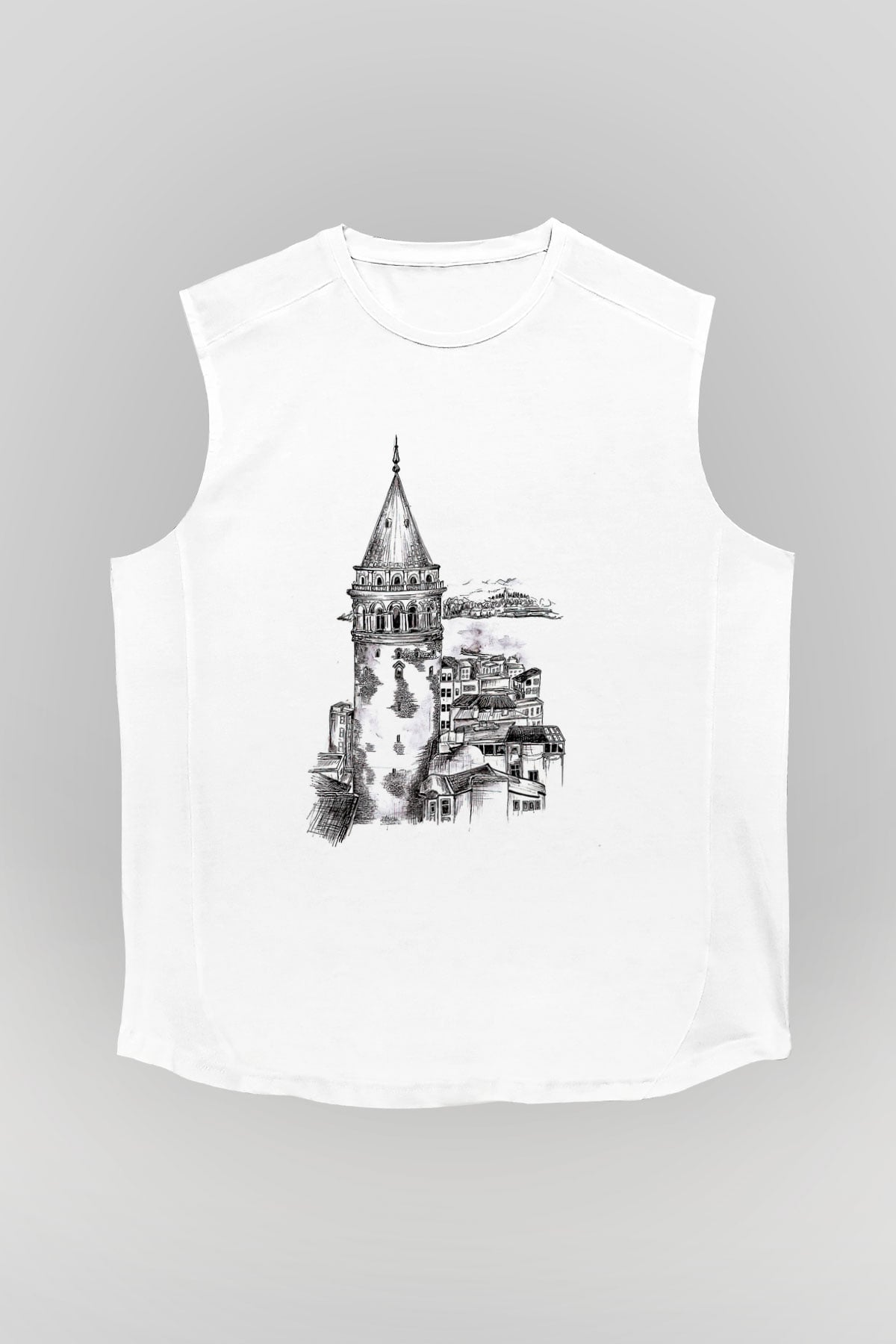 Galata Kulesi Baskılı Beyaz Unisex Kolsuz Tişört - Tshirt