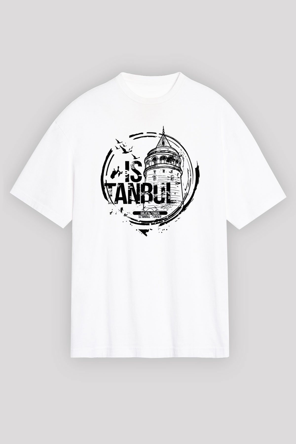 Galata Kulesi Baskılı Beyaz Unisex Oversize Tişört - Tshirt
