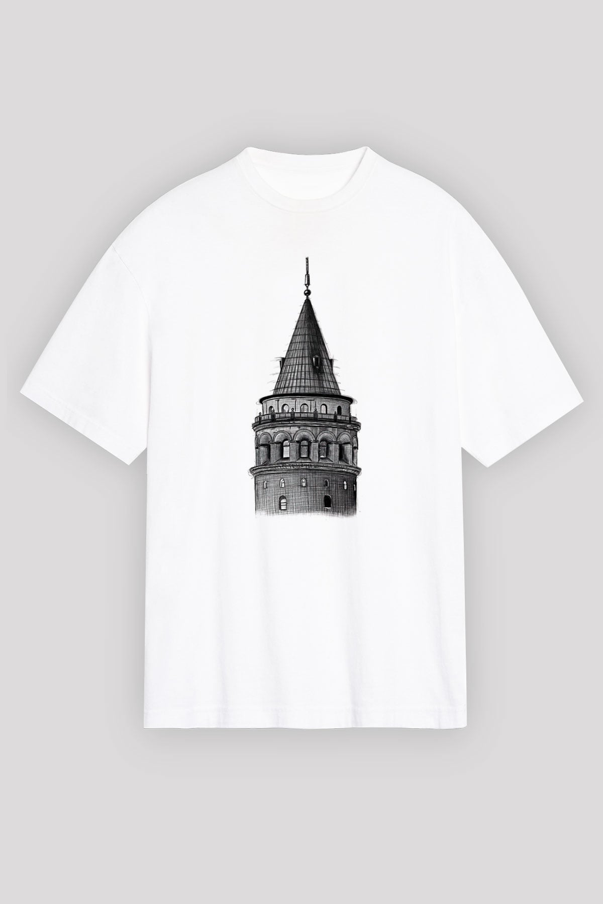 Galata Kulesi Baskılı Beyaz Unisex Oversize Tişört - Tshirt