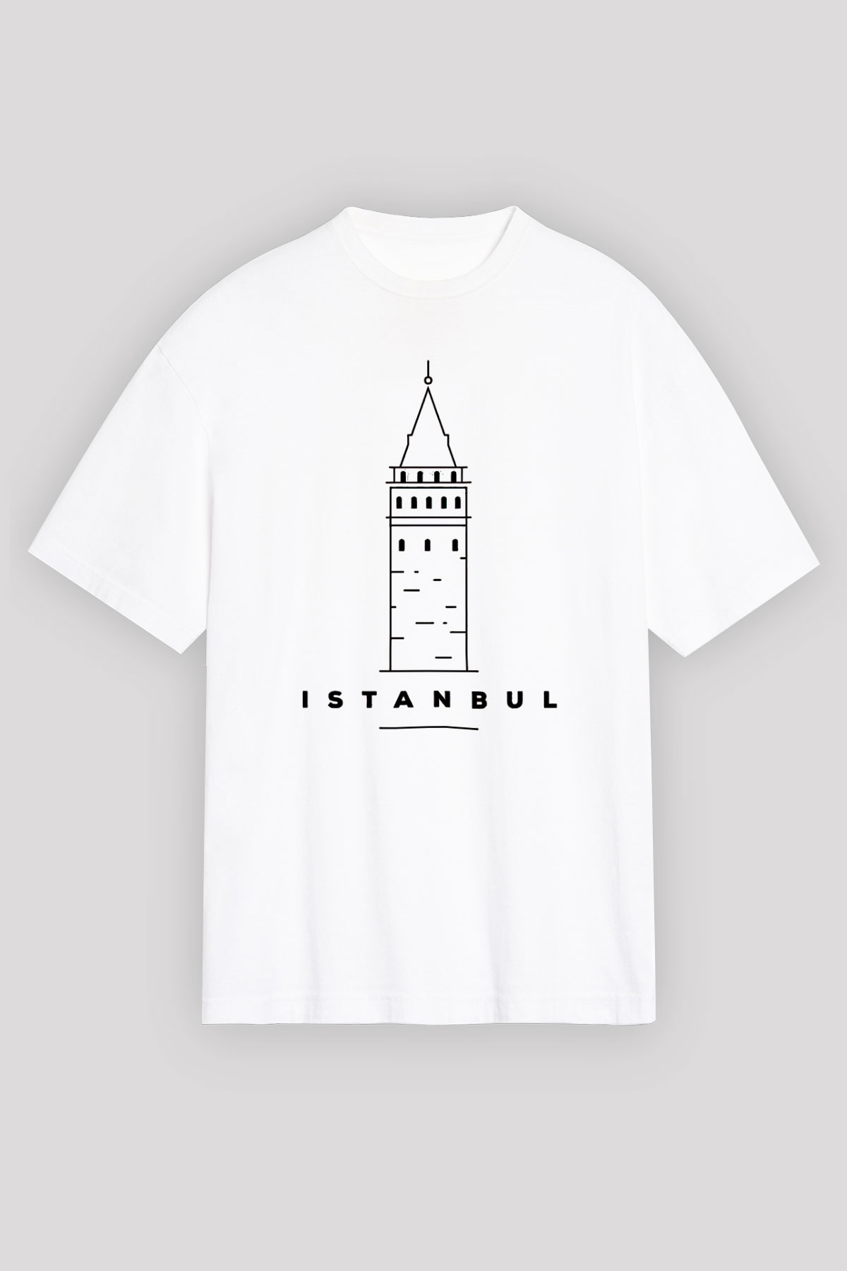 Galata Kulesi Baskılı Beyaz Unisex Oversize Tişört - Tshirt