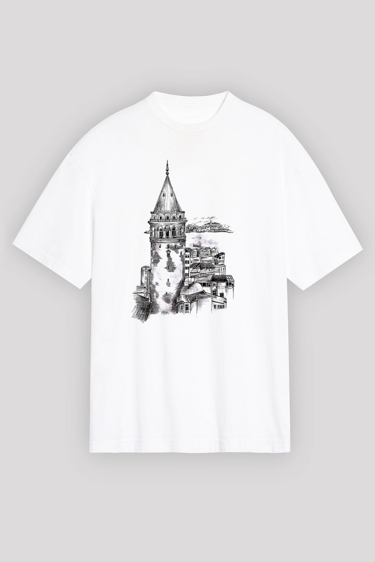 Galata Kulesi Baskılı Beyaz Unisex Oversize Tişört - Tshirt