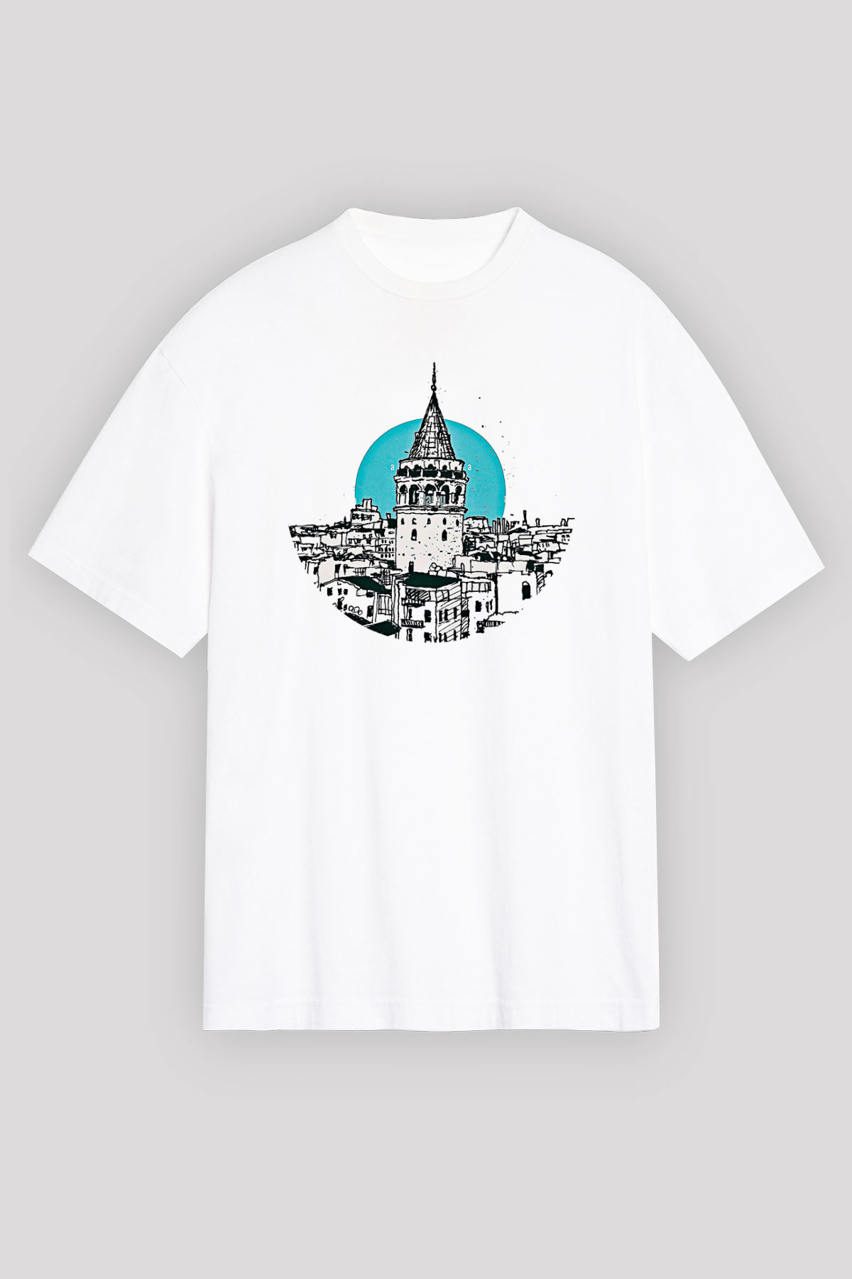Galata Kulesi Baskılı Beyaz Unisex Oversize Tişört - Tshirt