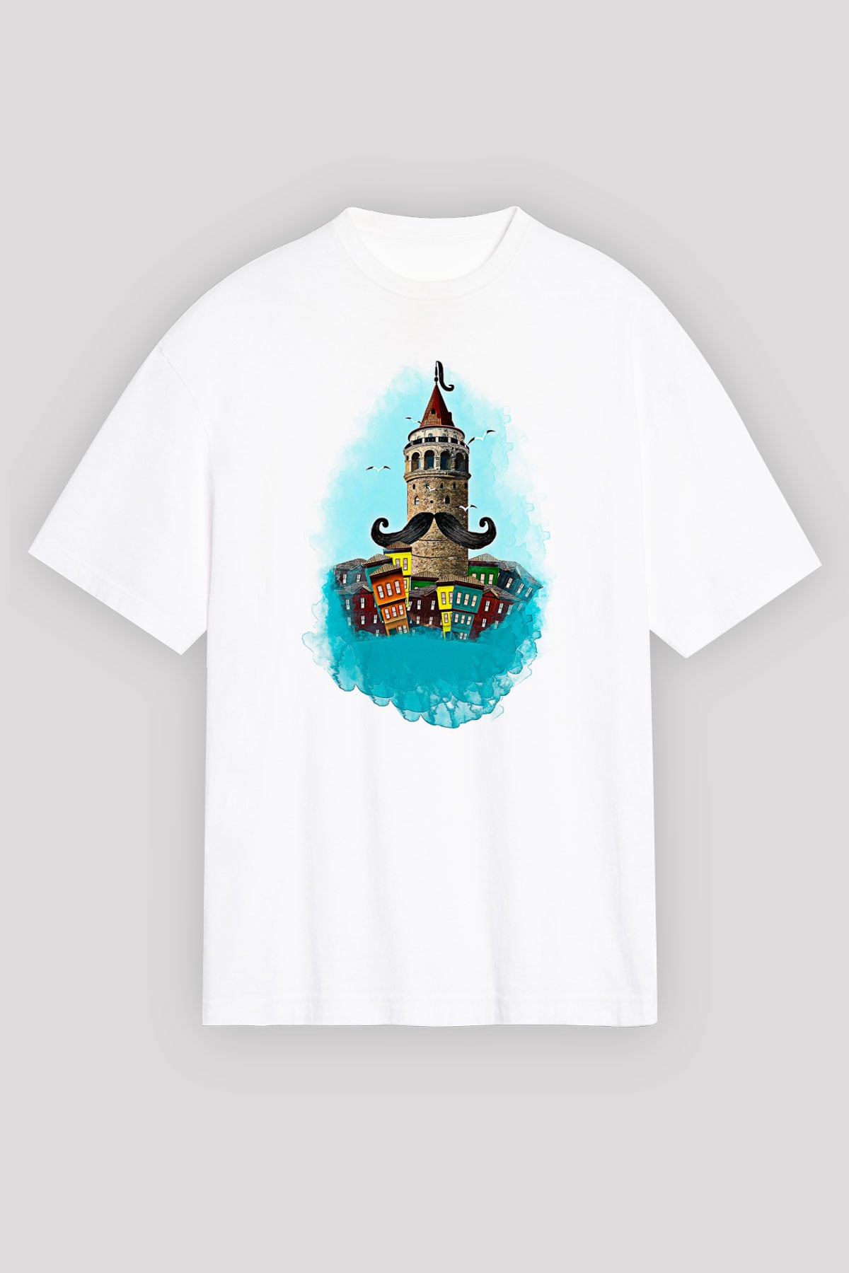 Galata Kulesi Baskılı Beyaz Unisex Oversize Tişört - Tshirt