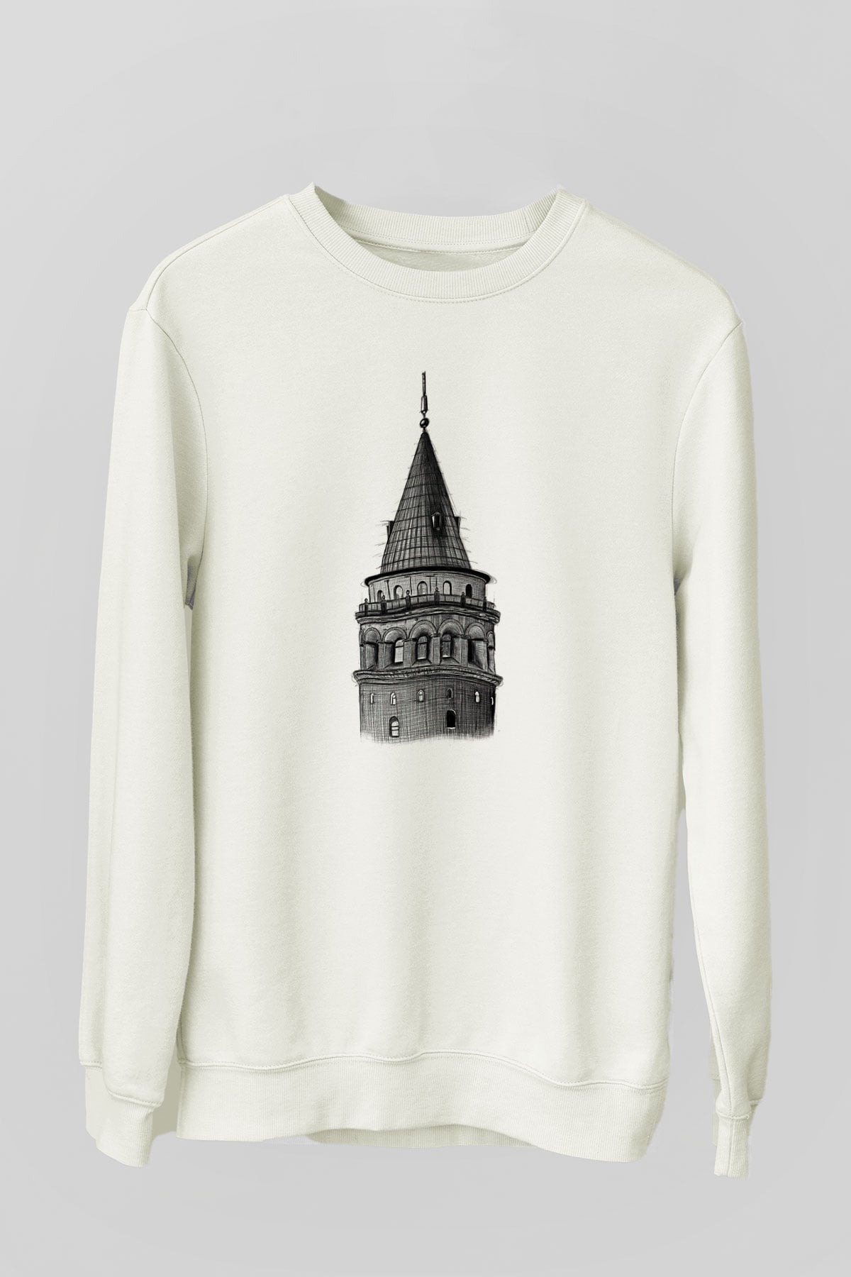 Galata Kulesi Baskılı Beyaz Unisex Sweatshirt