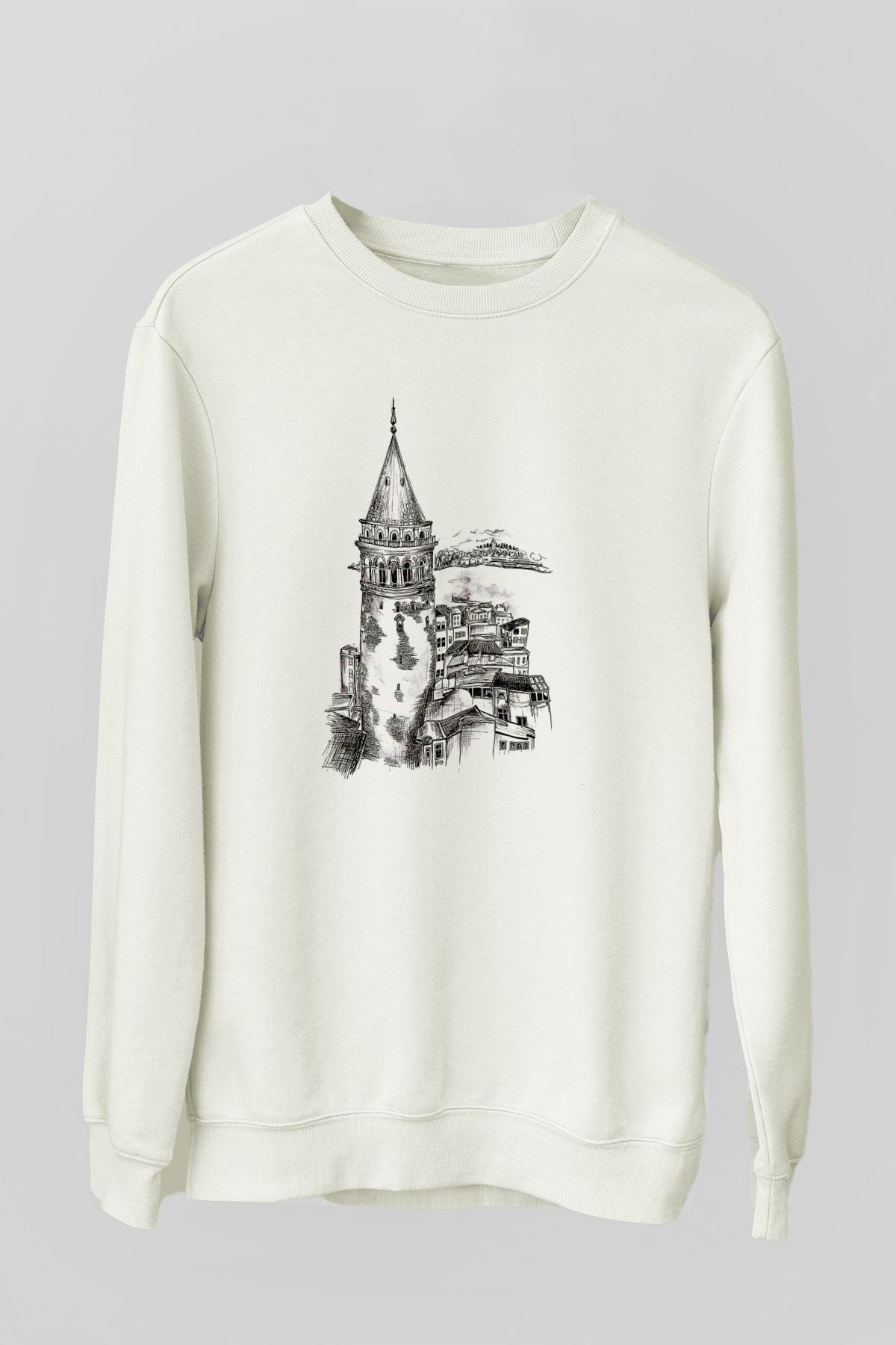 Galata Kulesi Baskılı Beyaz Unisex Sweatshirt