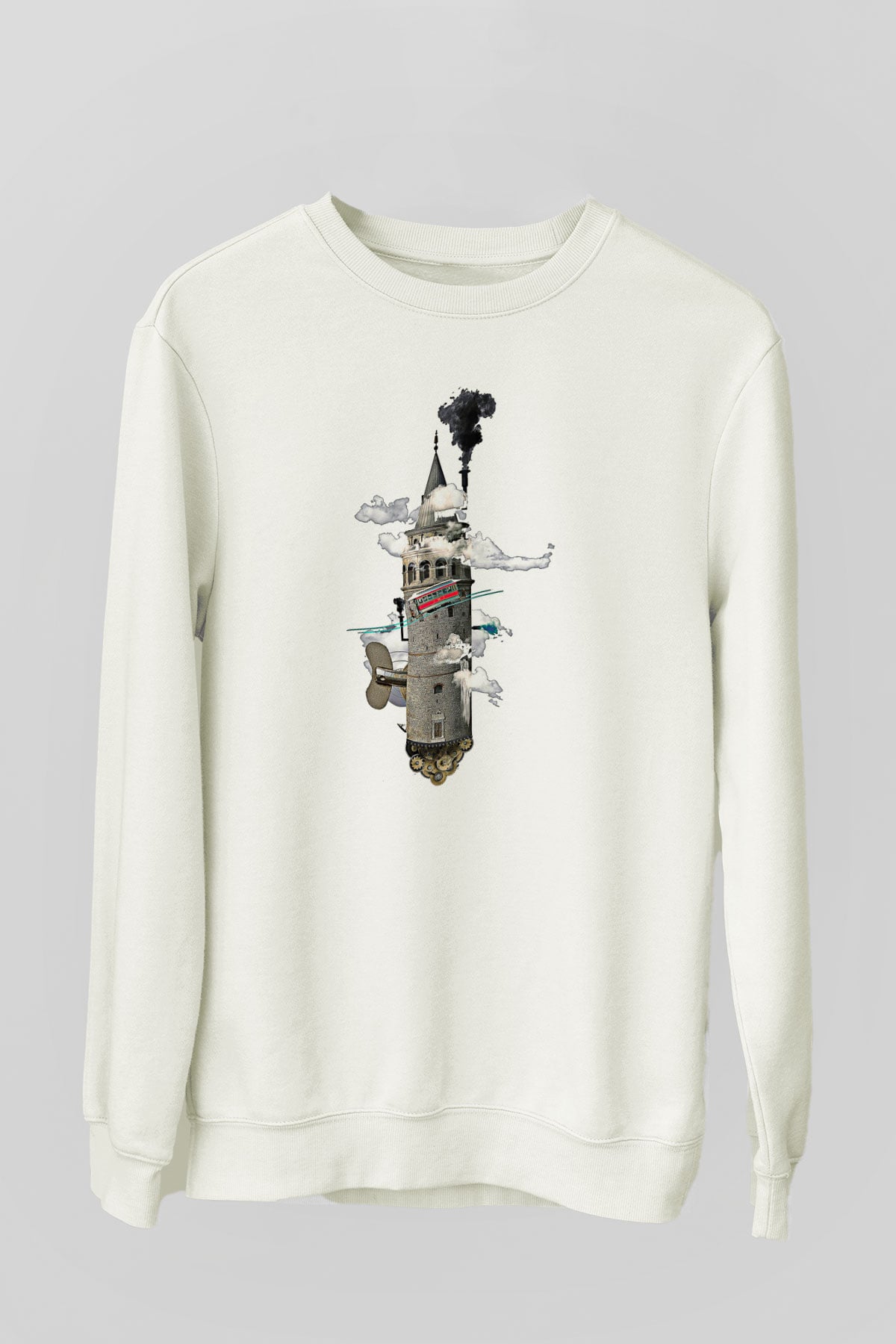 Galata Kulesi Baskılı Beyaz Unisex Sweatshirt