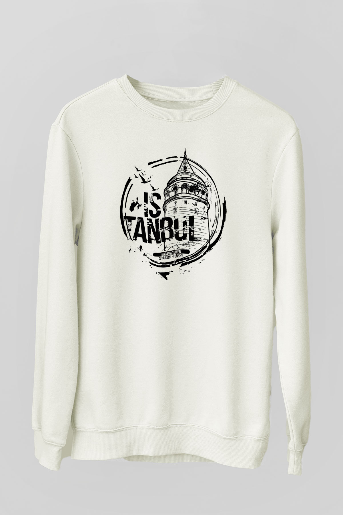 Galata Kulesi Baskılı Beyaz Unisex Sweatshirt