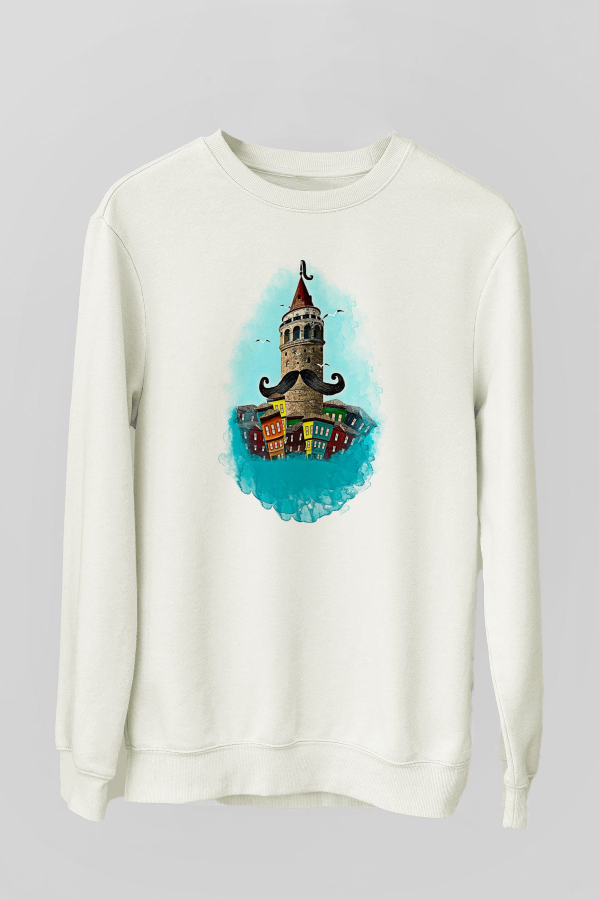 Galata Kulesi Baskılı Beyaz Unisex Sweatshirt