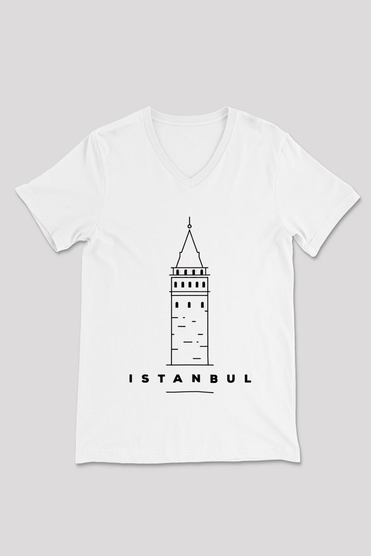 Galata Kulesi Baskılı Beyaz Unisex V Yaka Tişört - Tshirt