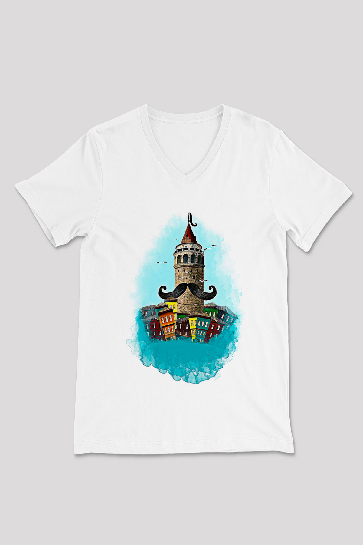 Galata Kulesi Baskılı Beyaz Unisex V Yaka Tişört - Tshirt