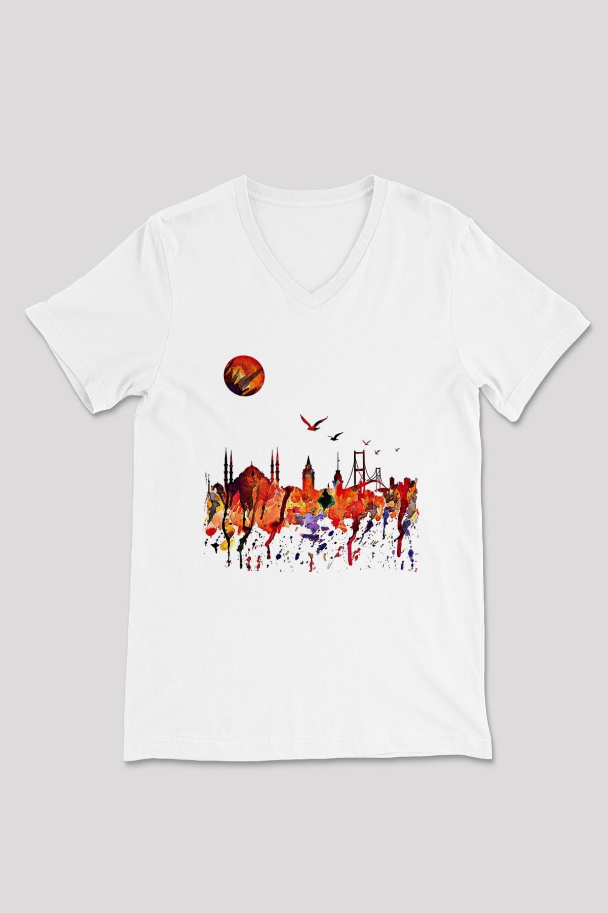 Galata Kulesi Baskılı Beyaz Unisex V Yaka Tişört - Tshirt