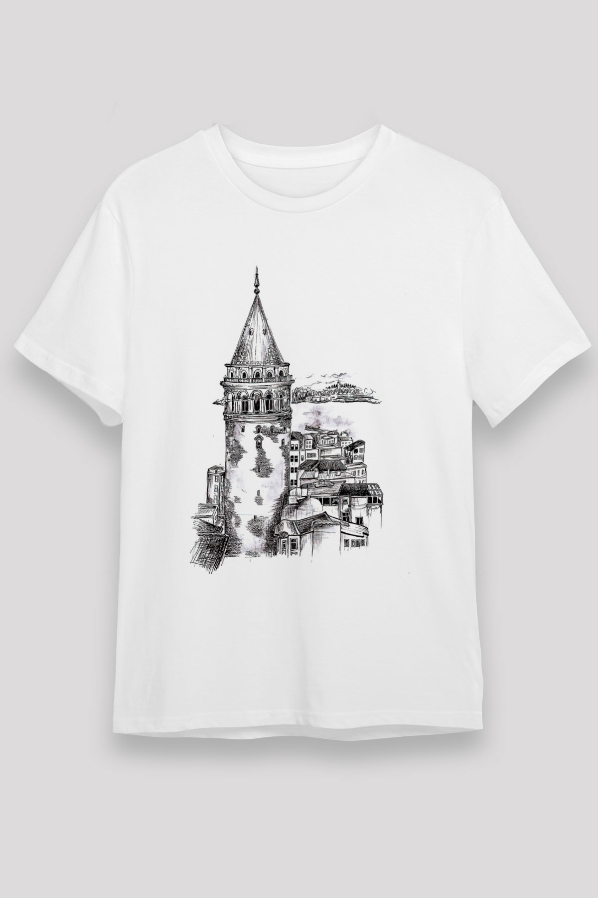 Galata Kulesi Unisex Baskılı Beyaz Tişört - Tshirt