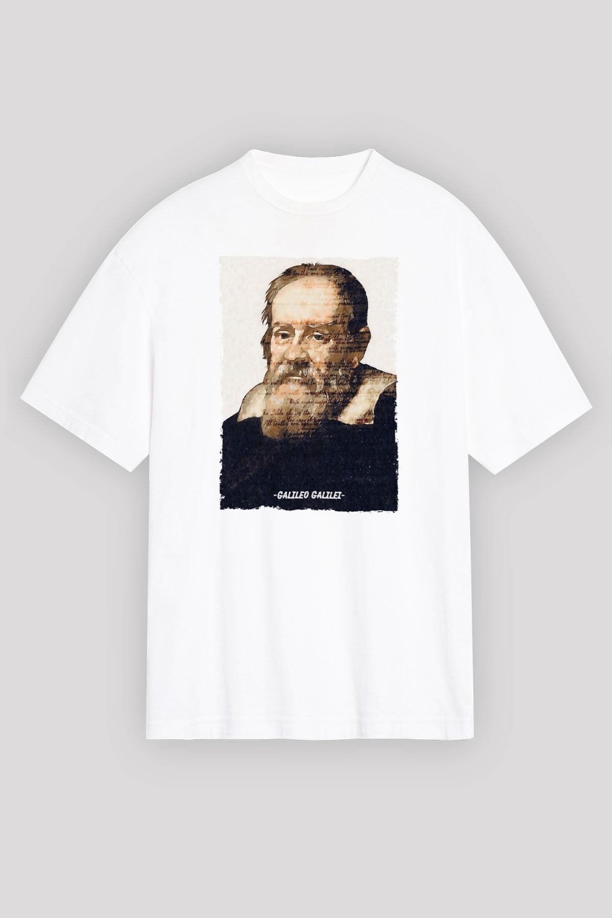 Galileo Galilei Yazılı Portre Baskılı Unisex Oversize Beyaz Tişört - Tshirt