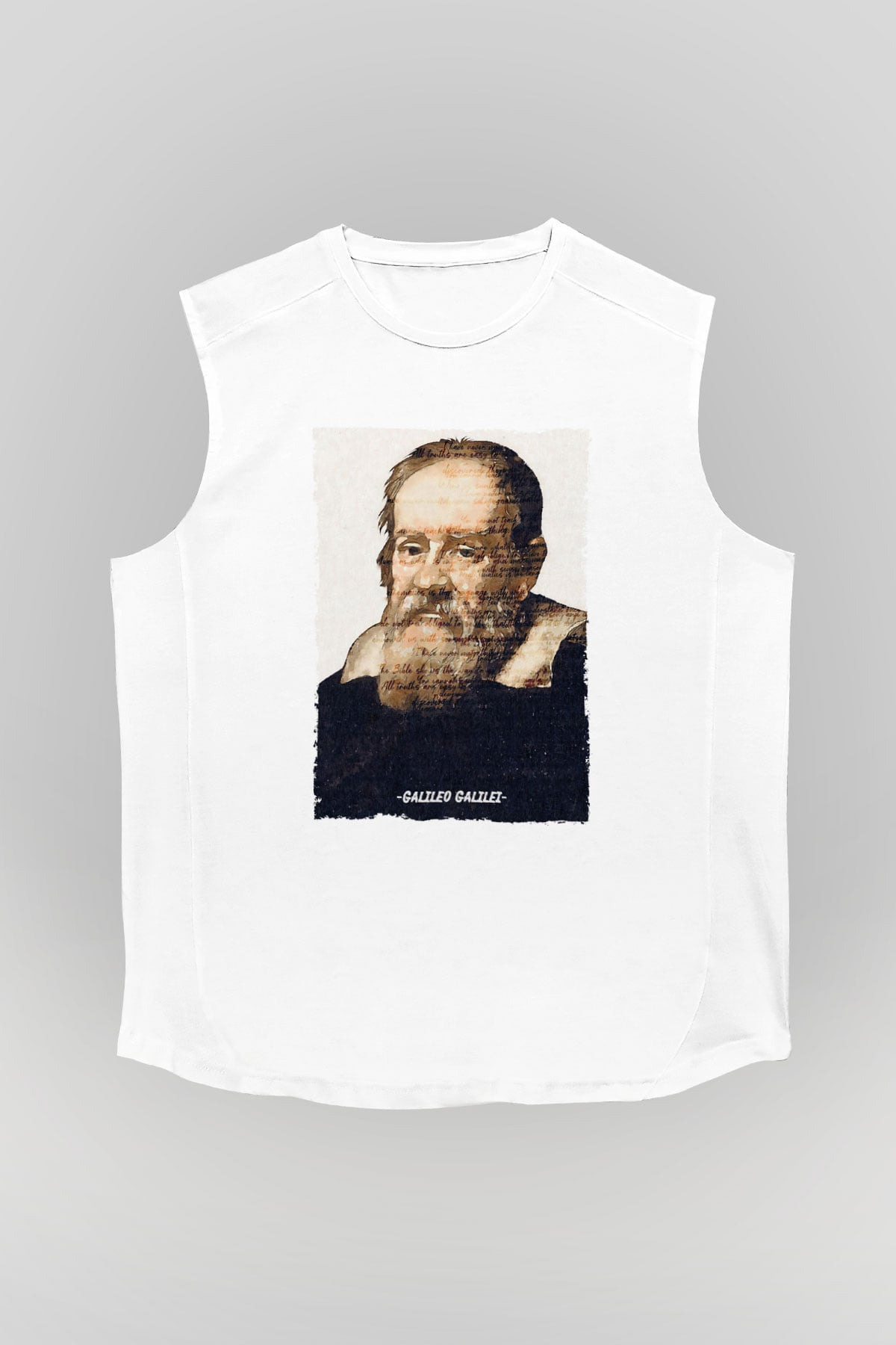Galileo Galilei Yazılı Portre Baskılı Unisex Kolsuz Beyaz Tişört - Tshirt