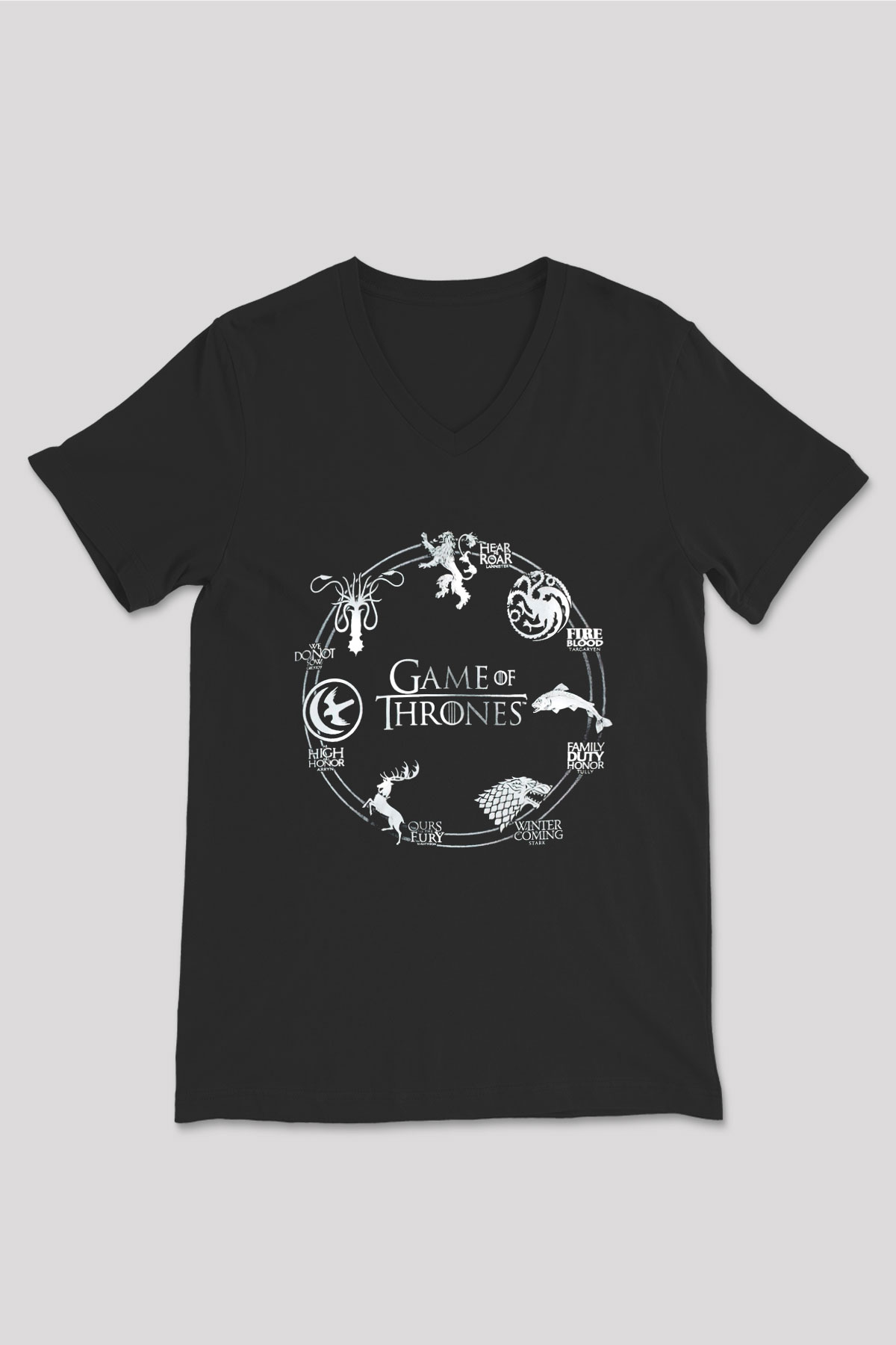 Game of Thrones Siyah Unisex V Yaka Tişört T-Shirt