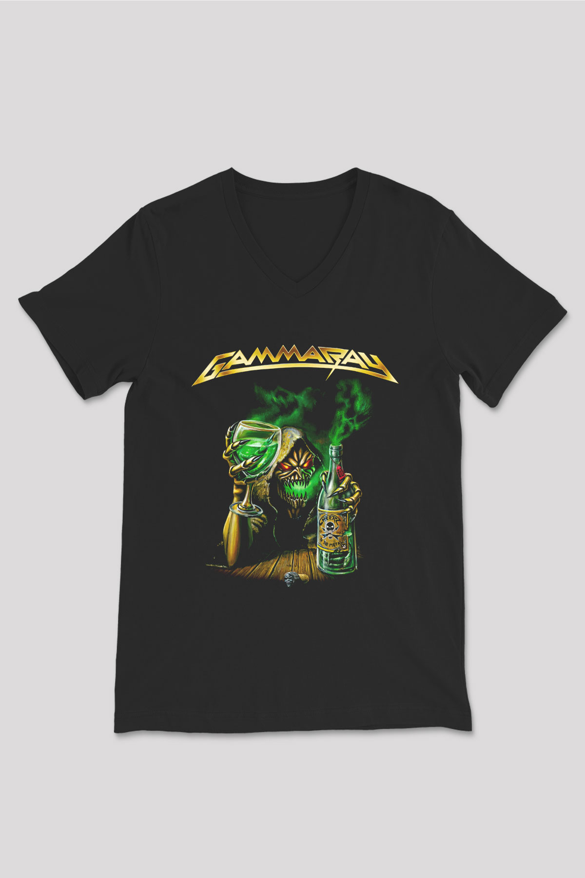 Gammaray Baskılı Unisex Siyah V Yaka Tişört - Tshirt