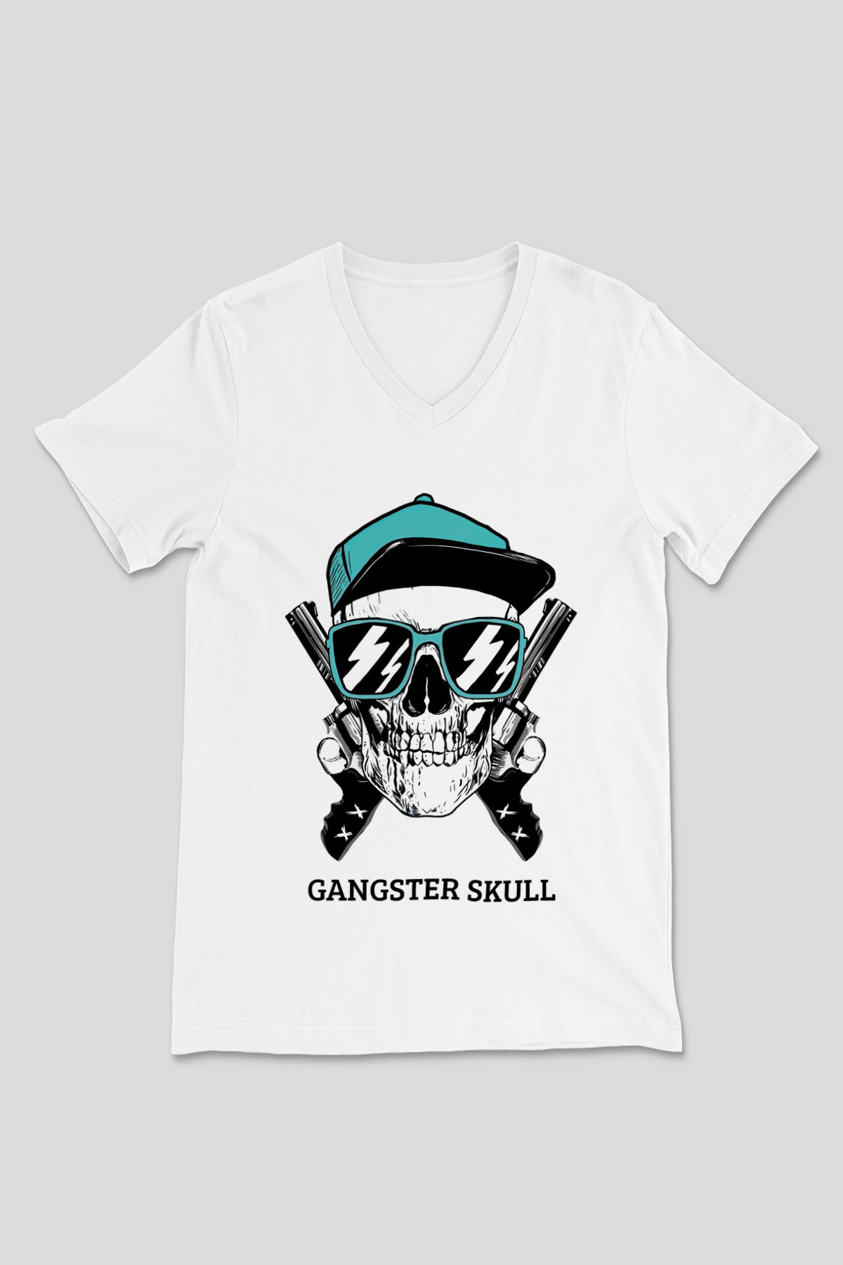 Gangster Kuru Kafa Baskılı Unisex Beyaz  V Yaka Tişört