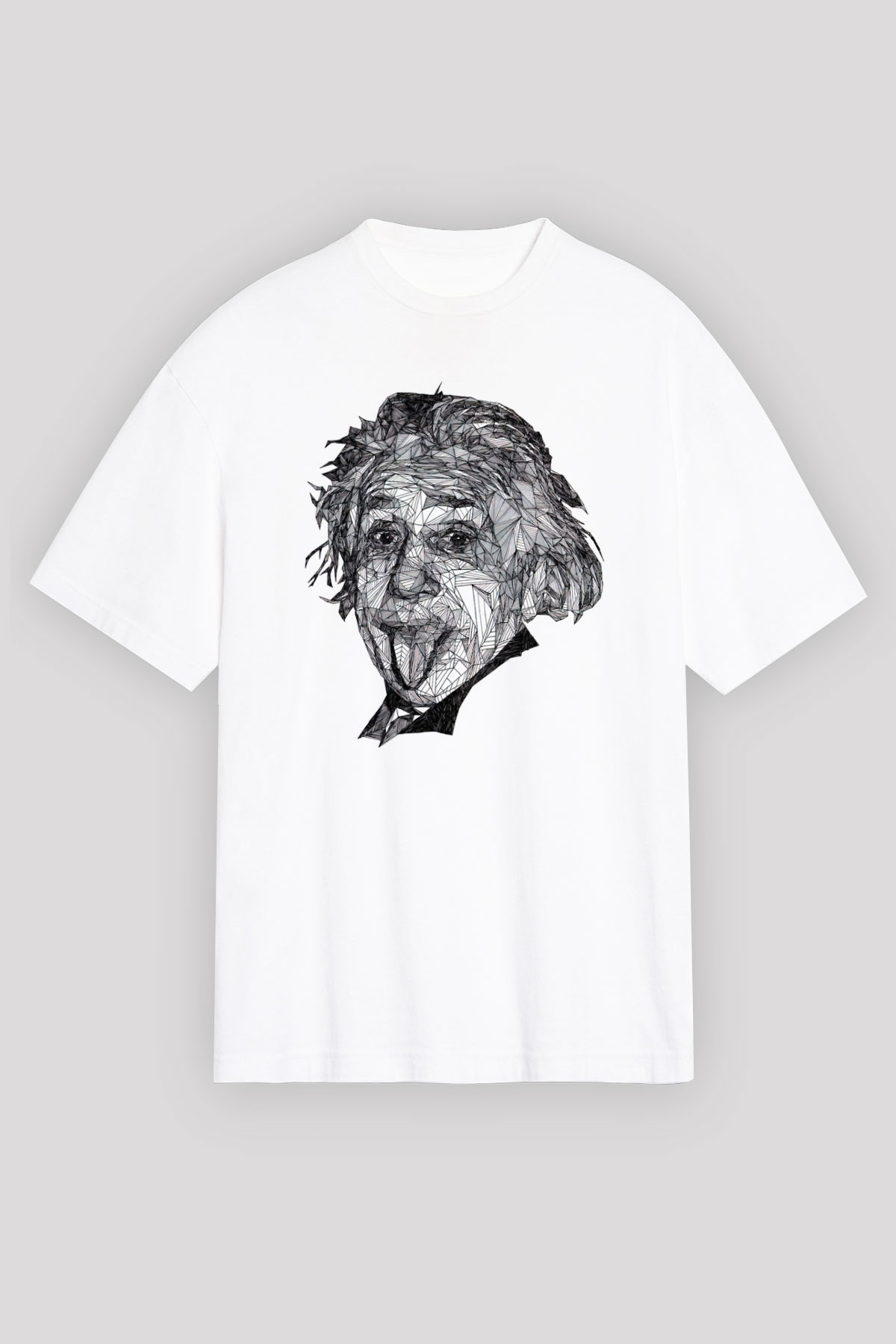 Geometrik Aibert Einstein Portesi Baskılı Unisex Beyaz Oversize Tişört