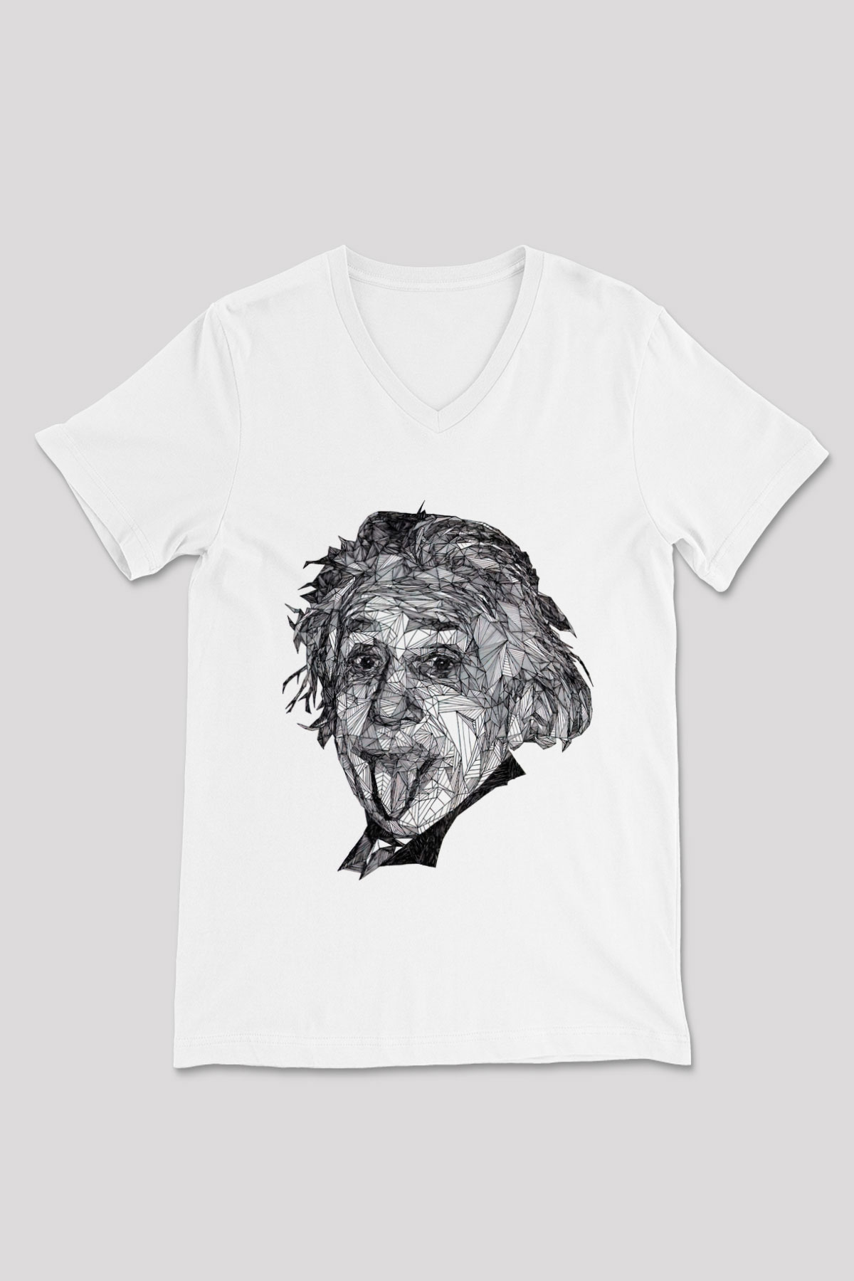 Geometrik Aibert Einstein Portesi Baskılı Unisex Beyaz V Yaka Tişört
