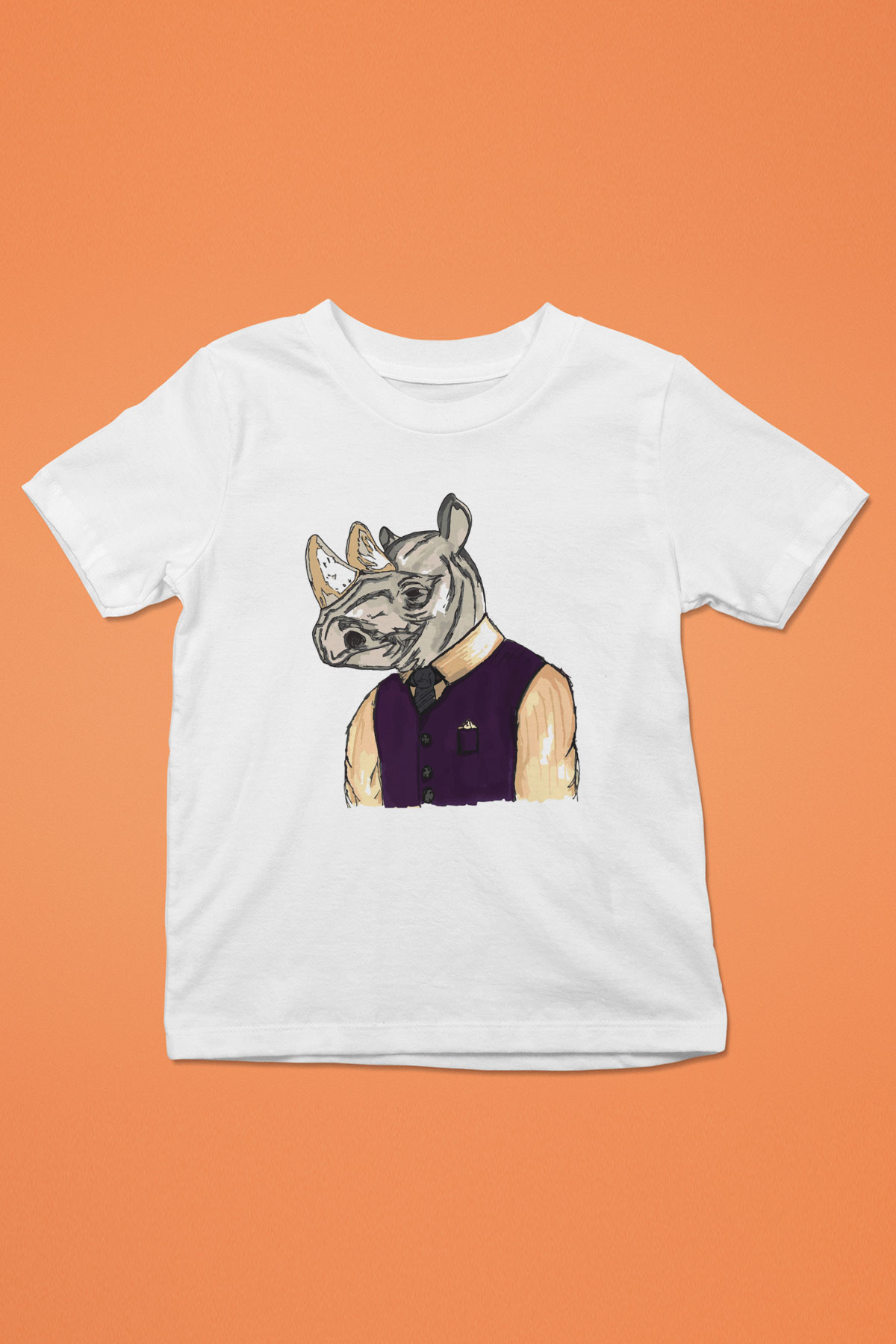 Gergedan Baskılı Beyaz Unisex Çocuk Tişört