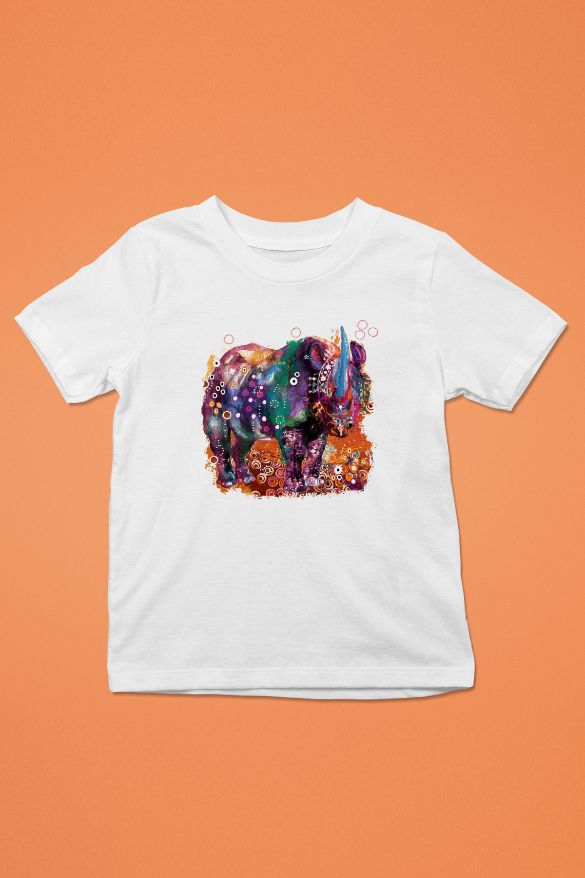 Gergedan Baskılı Beyaz Unisex Çocuk Tişört