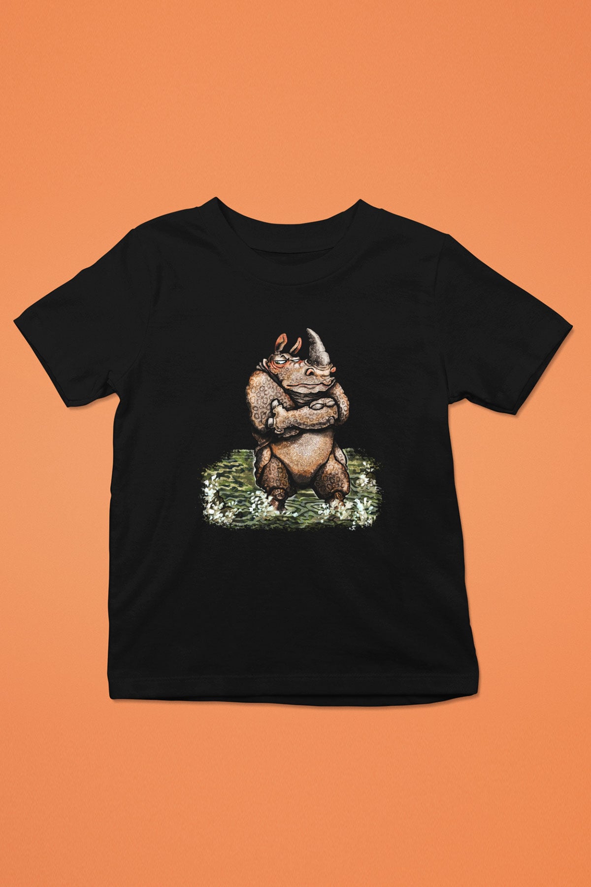 Gergedan Baskılı Siyah Unisex Çocuk Tişört