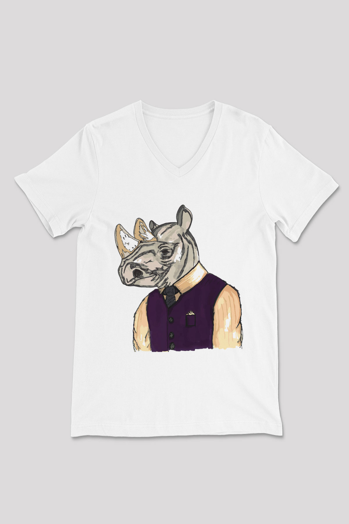 Gergedan Beyaz Unisex V Yaka Tişört T-Shirt