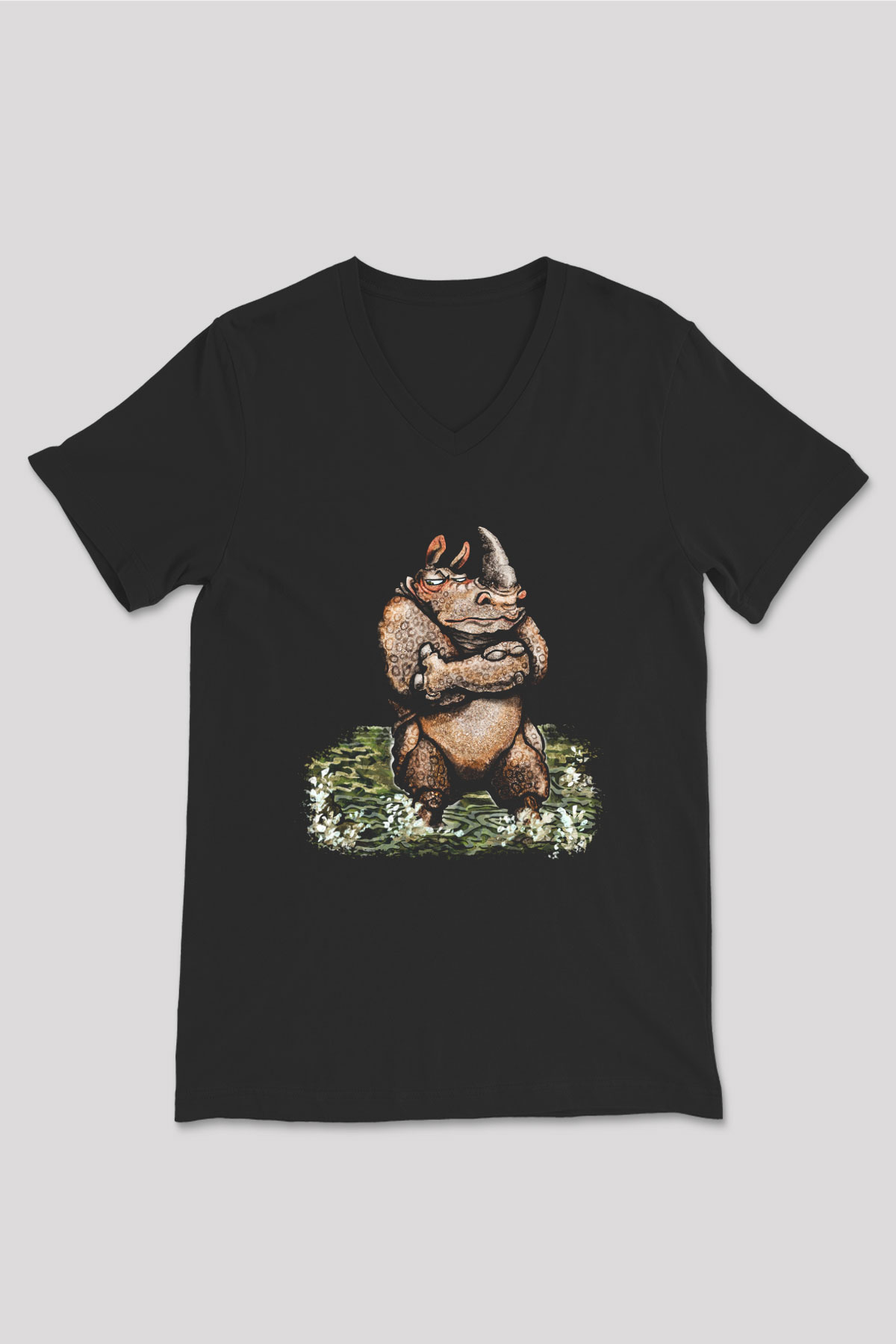 Gergedan Siyah Unisex V Yaka Tişört T-Shirt