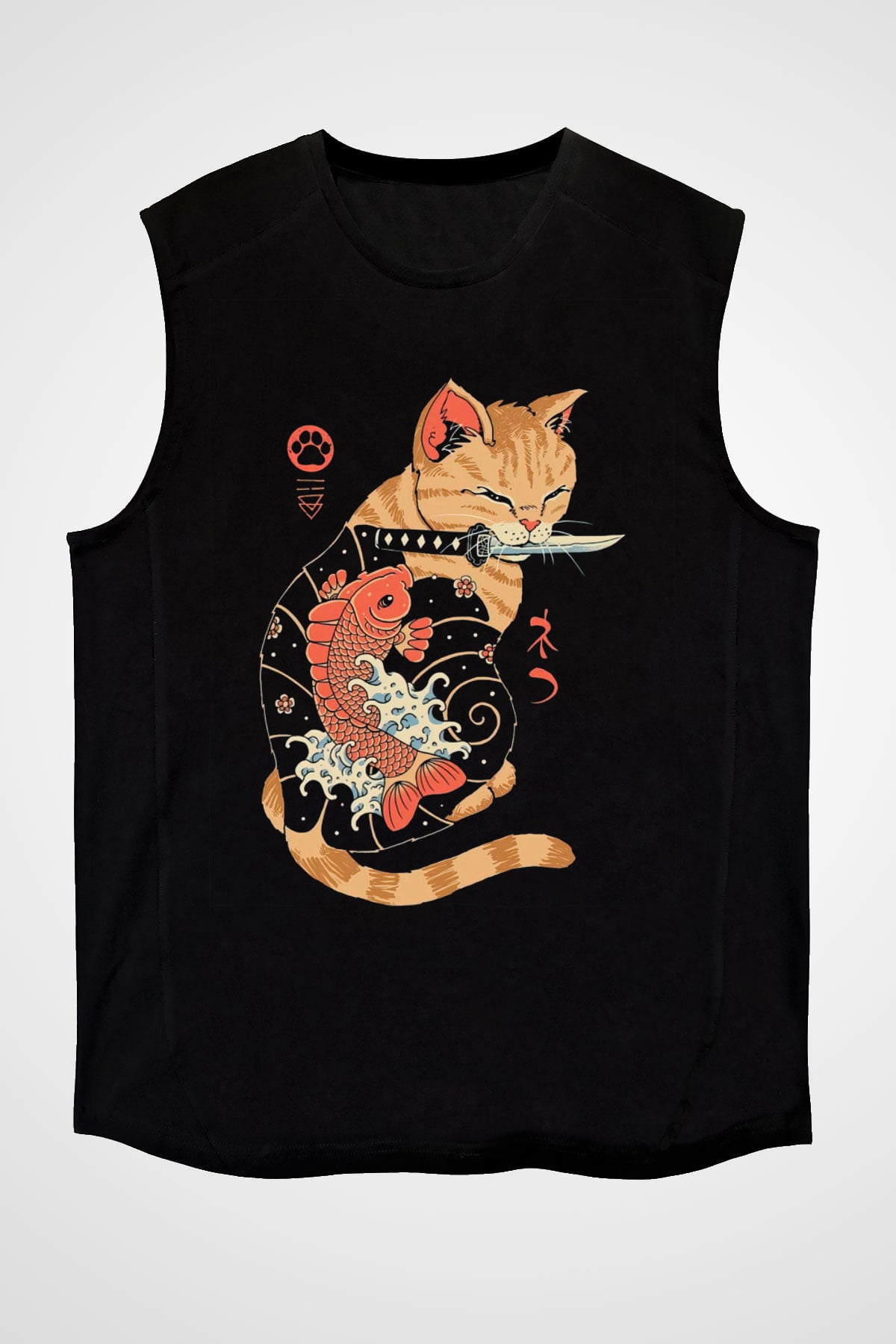 Geyşa Kedi Baskılı Unisex Siyah  Kolsuz Tişört
