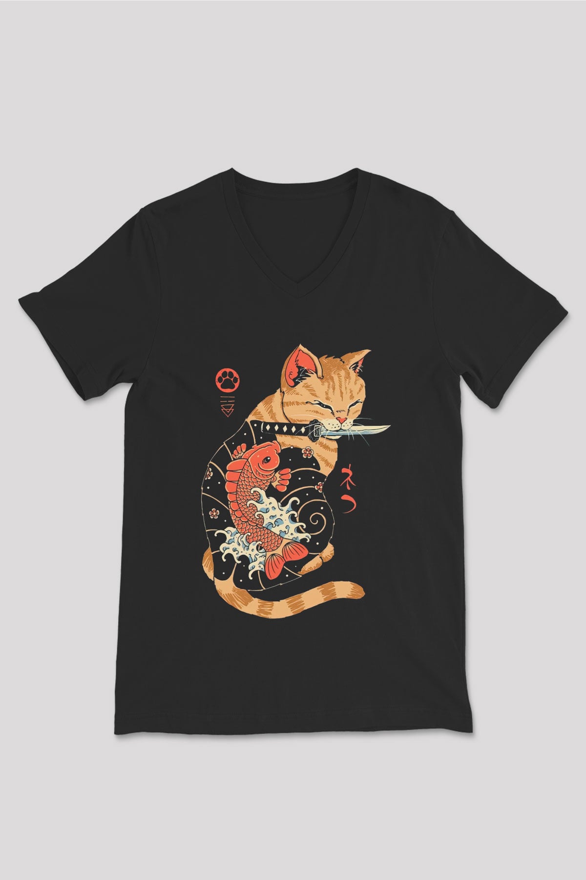 Geyşa Kedi Baskılı Unisex Siyah  V Yaka Tişört