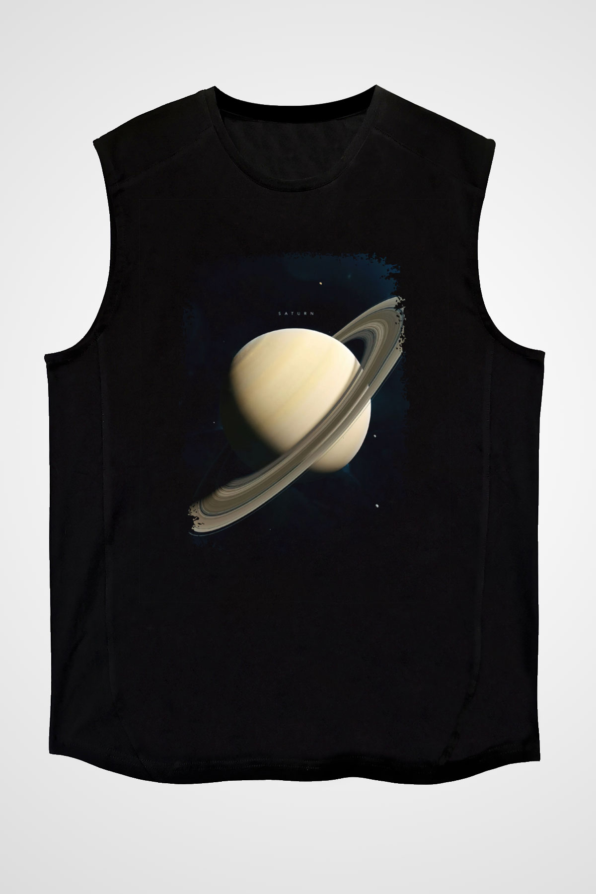 Gezegen Satürn Baskılı Unisex Kolsuz Siyah Tişört - Tshirt