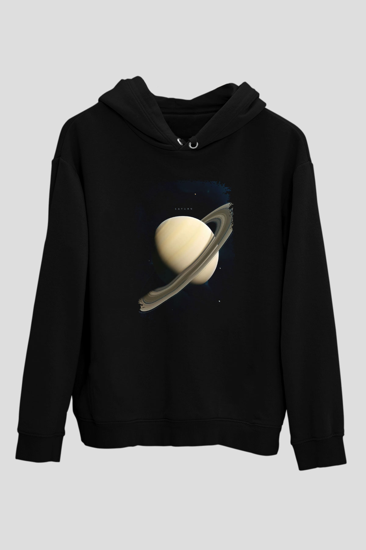 Gezegen Satürn Baskılı Unisex Siyah Hoodie