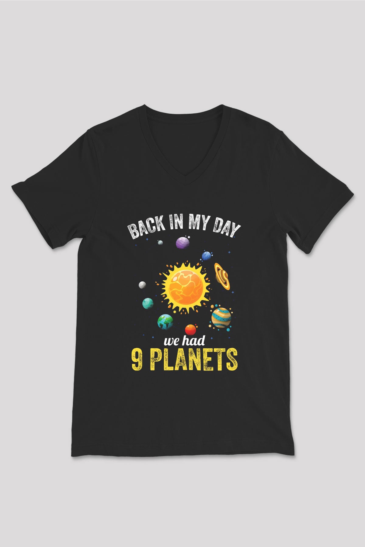 Gezegenler Baskılı Unisex V Yaka Siyah Tİşört - Tshirt