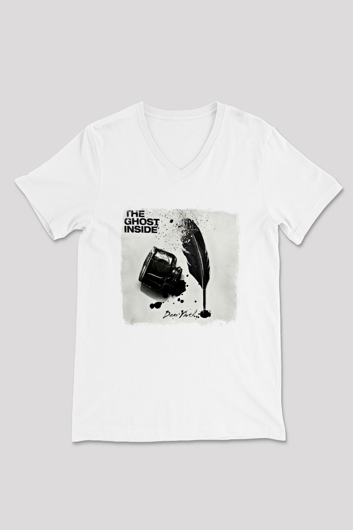 Ghost Inside Baskılı Unisex Beyaz V Yaka Tişört