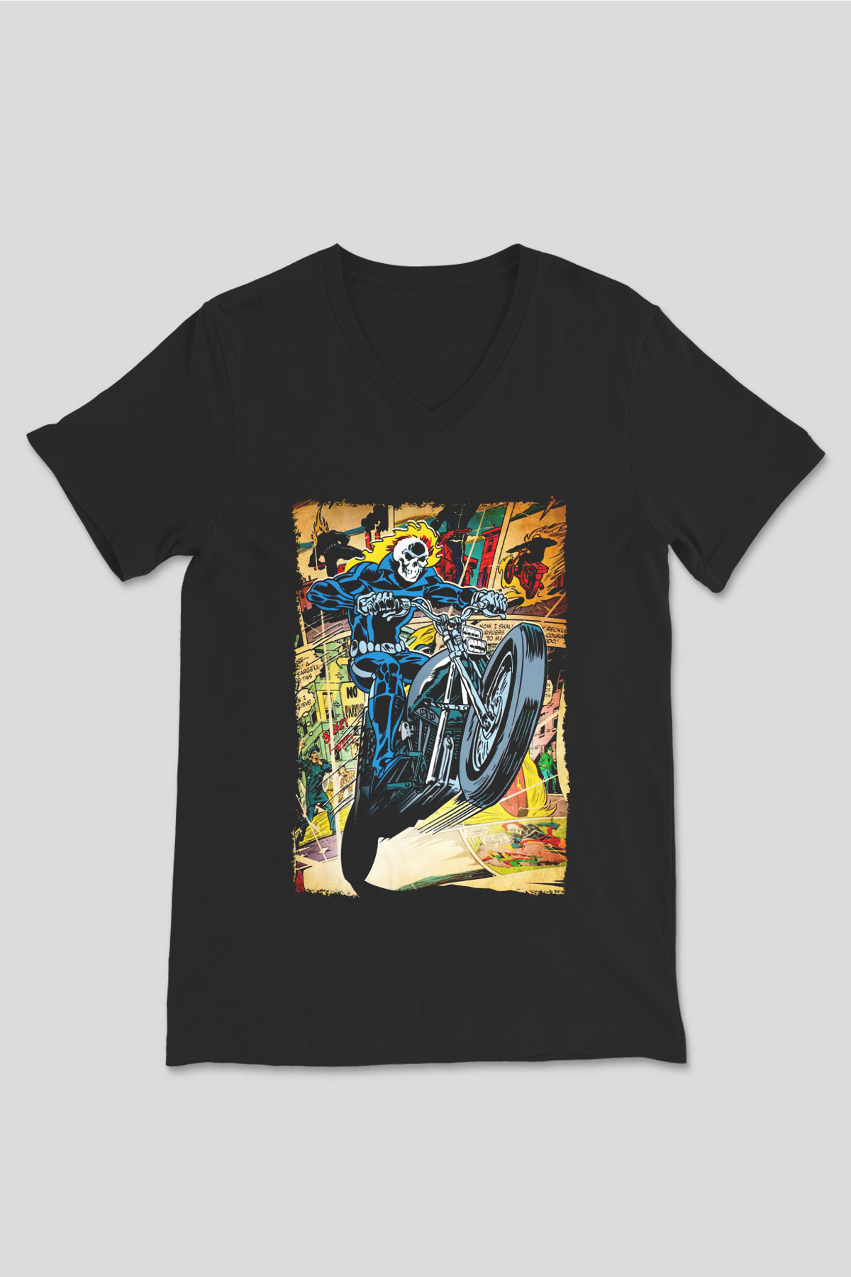 Ghost Rider Hayalet Sürücü Siyah Unisex  V Yaka Tişört