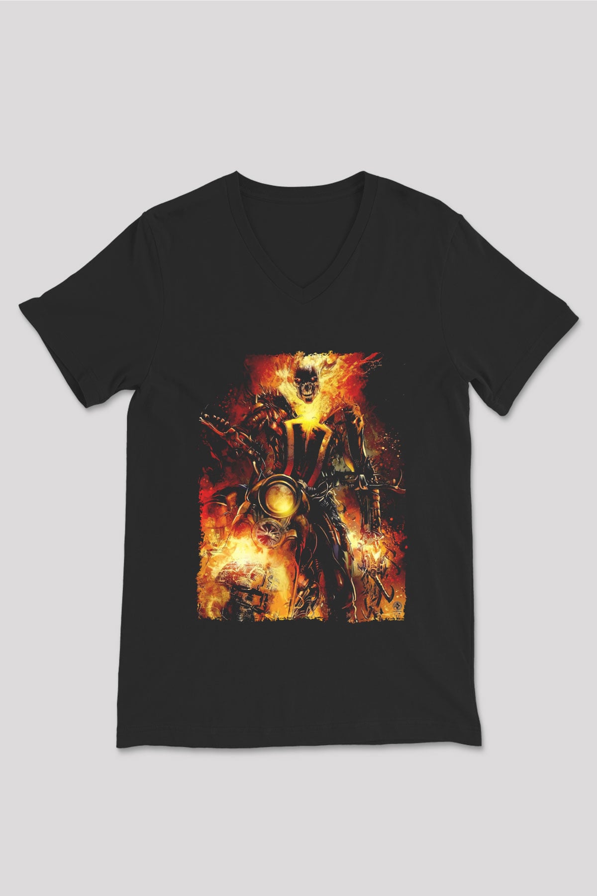 Ghost Rider Hayalet Sürücü Siyah Unisex  V Yaka Tişört