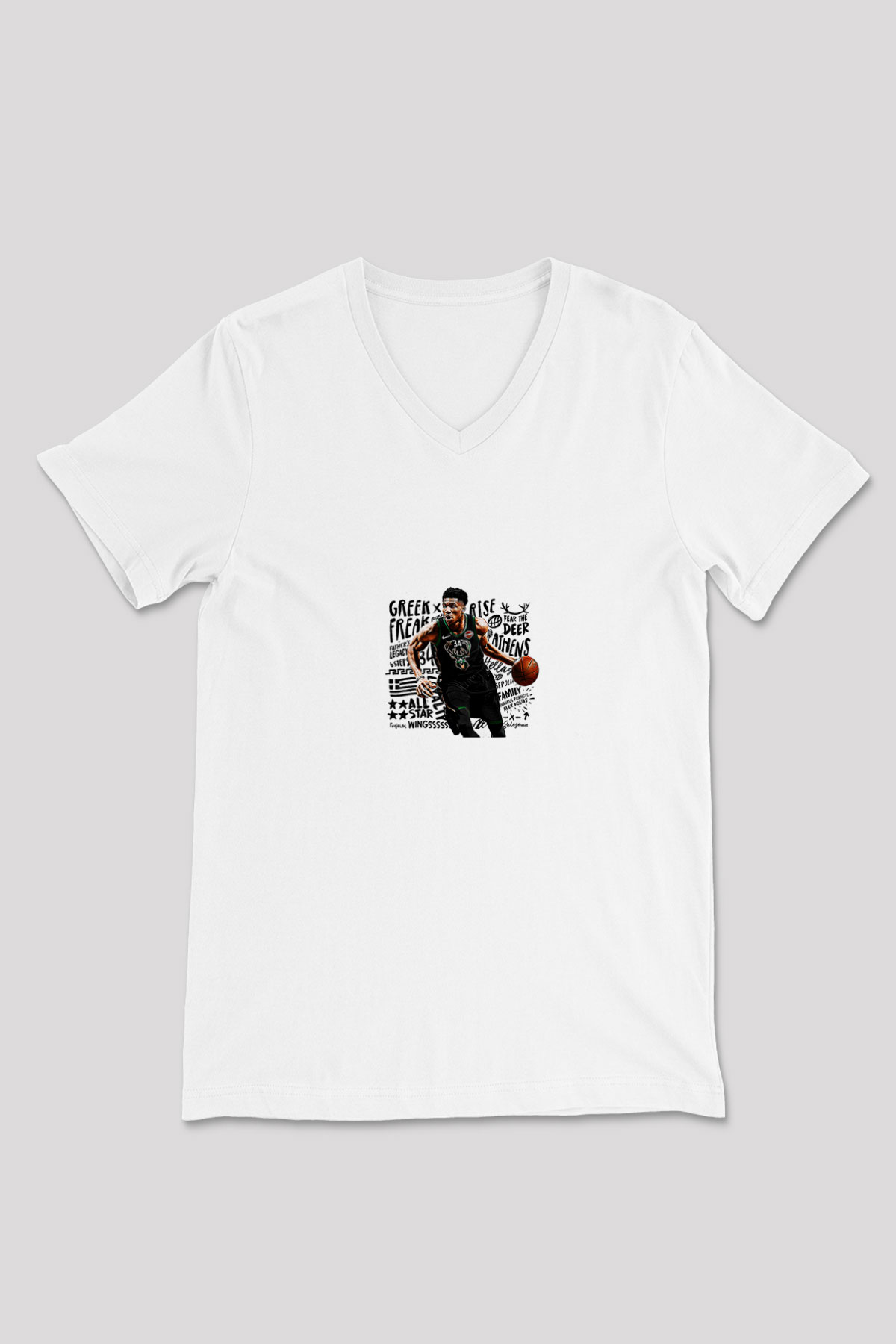 Giannis Antetokounpma Baskılı Beyaz Unisex V Yaka Tişört - Tshirt