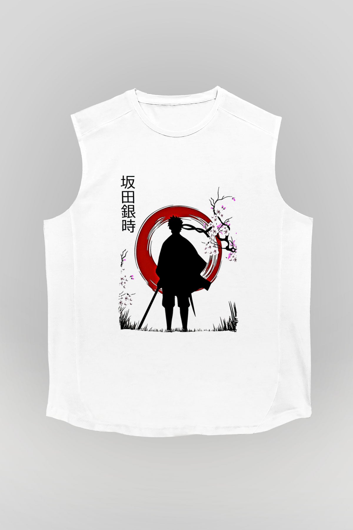 Gintama Baskılı Beyaz Unisex Kolsuz Tişört - Tshirt