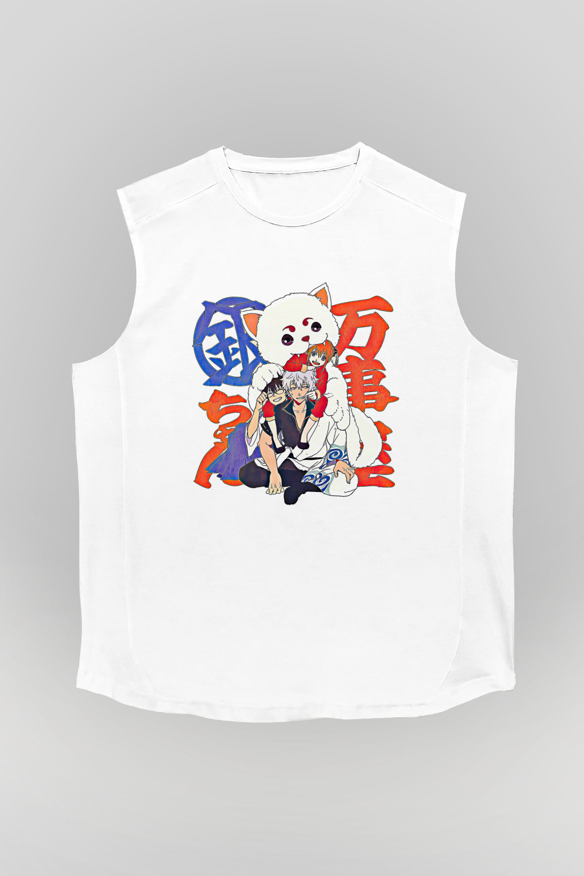 Gintama Baskılı Beyaz Unisex Kolsuz Tişört - Tshirt