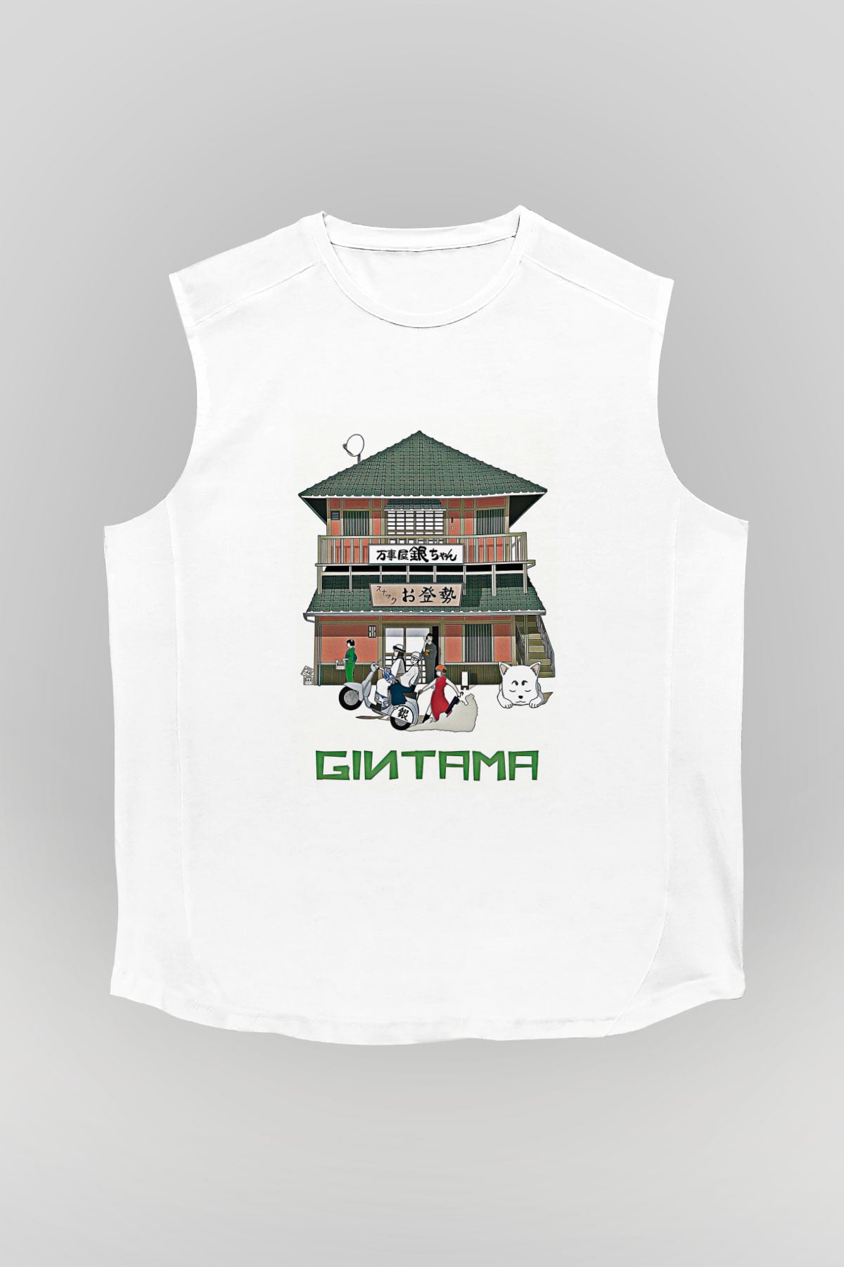 Gintama Baskılı Beyaz Unisex Kolsuz Tişört - Tshirt