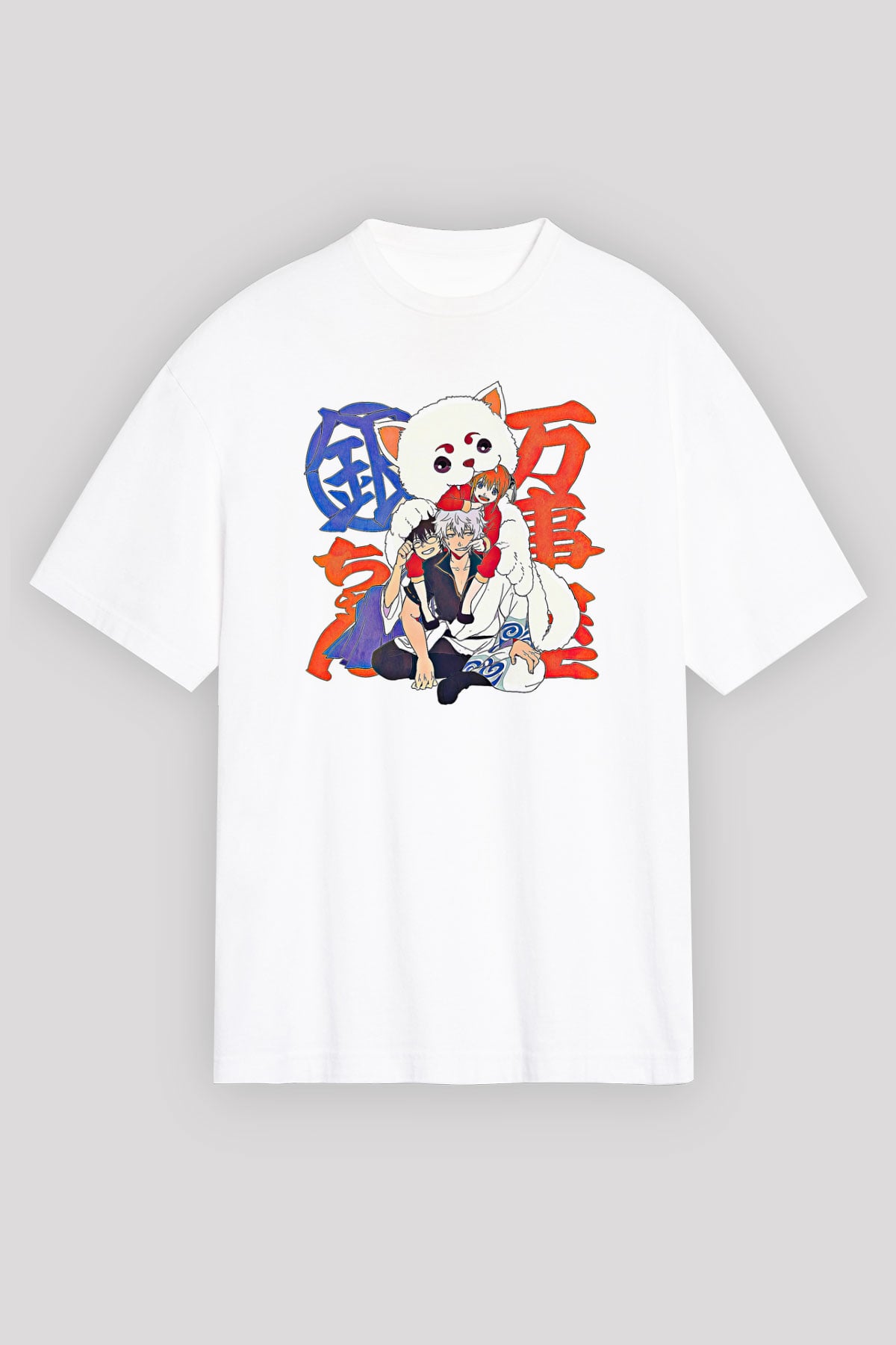 Gintama Baskılı Beyaz Unisex Oversize Tişört - Tshirt